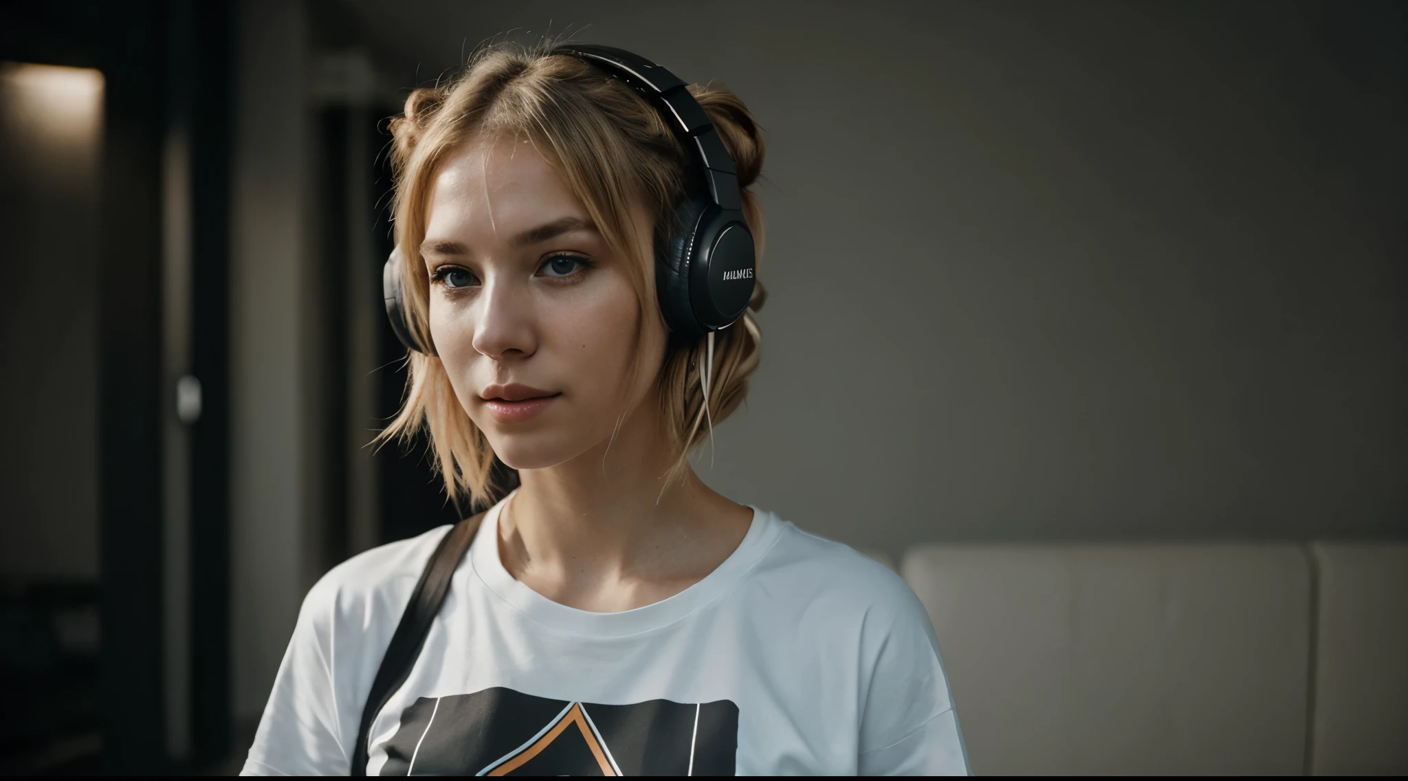 an eye contact of a blond with bun hair and dark theme, hearing music with headphones, wearing t-shirt