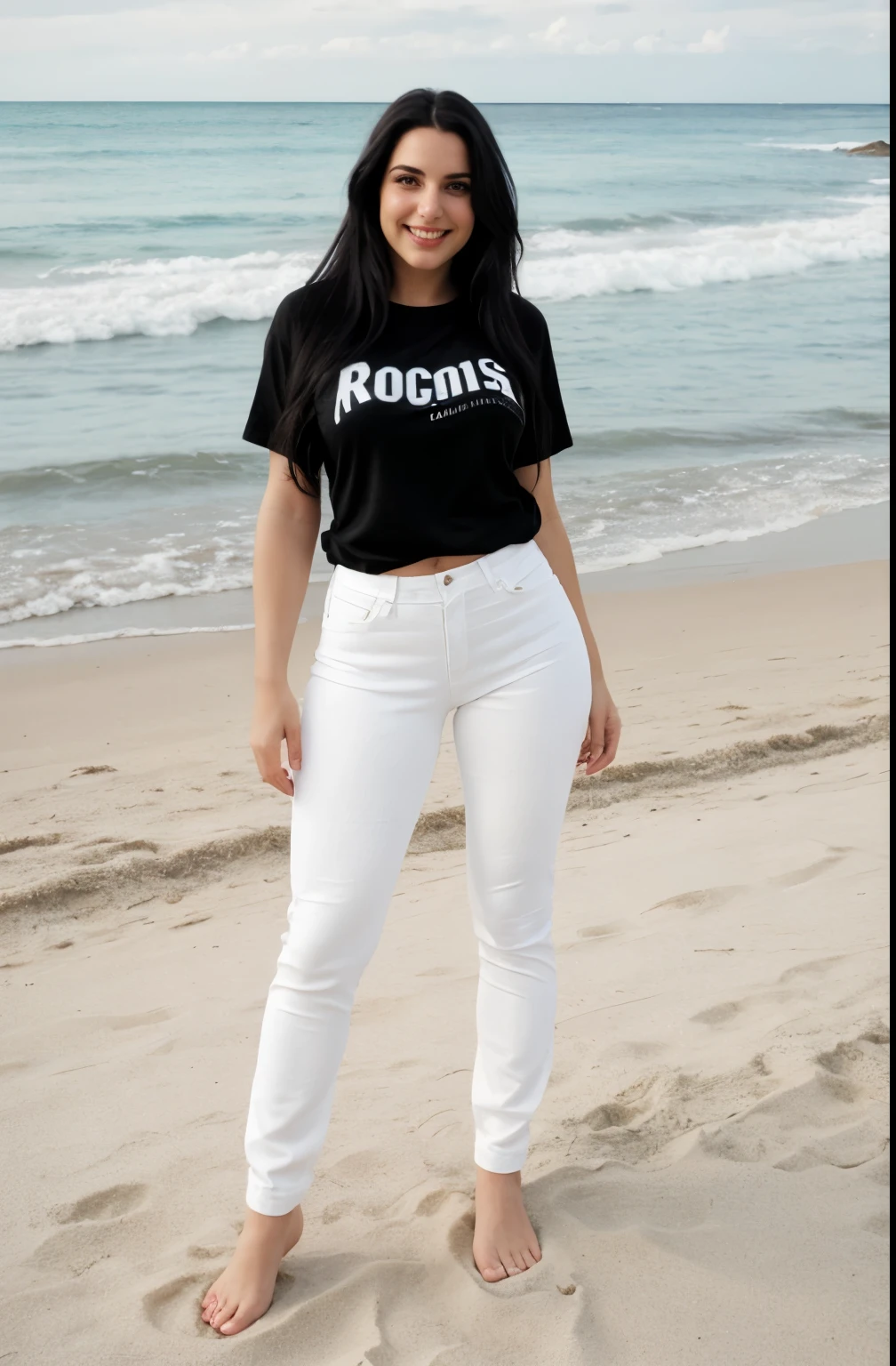 1Woman, (realistic:0.75), Long hair, black eyes, black hair, medium breasts, fat, thick legs, Happy smile, black pants, white T-shirt, with words "rock". On the sidewalk of a beach, Illustrations: Luis Royo