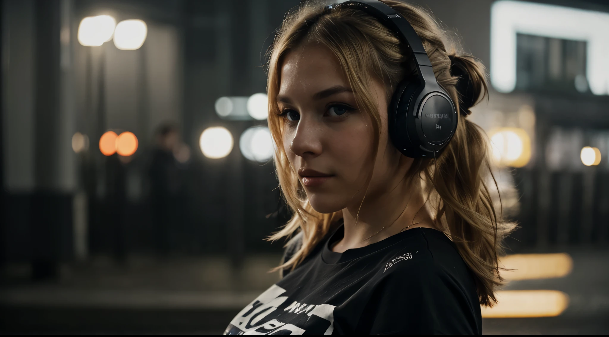 an eye contact of a blond with bun hair and dark theme, hearing music with headphones, wearing t-shirt
