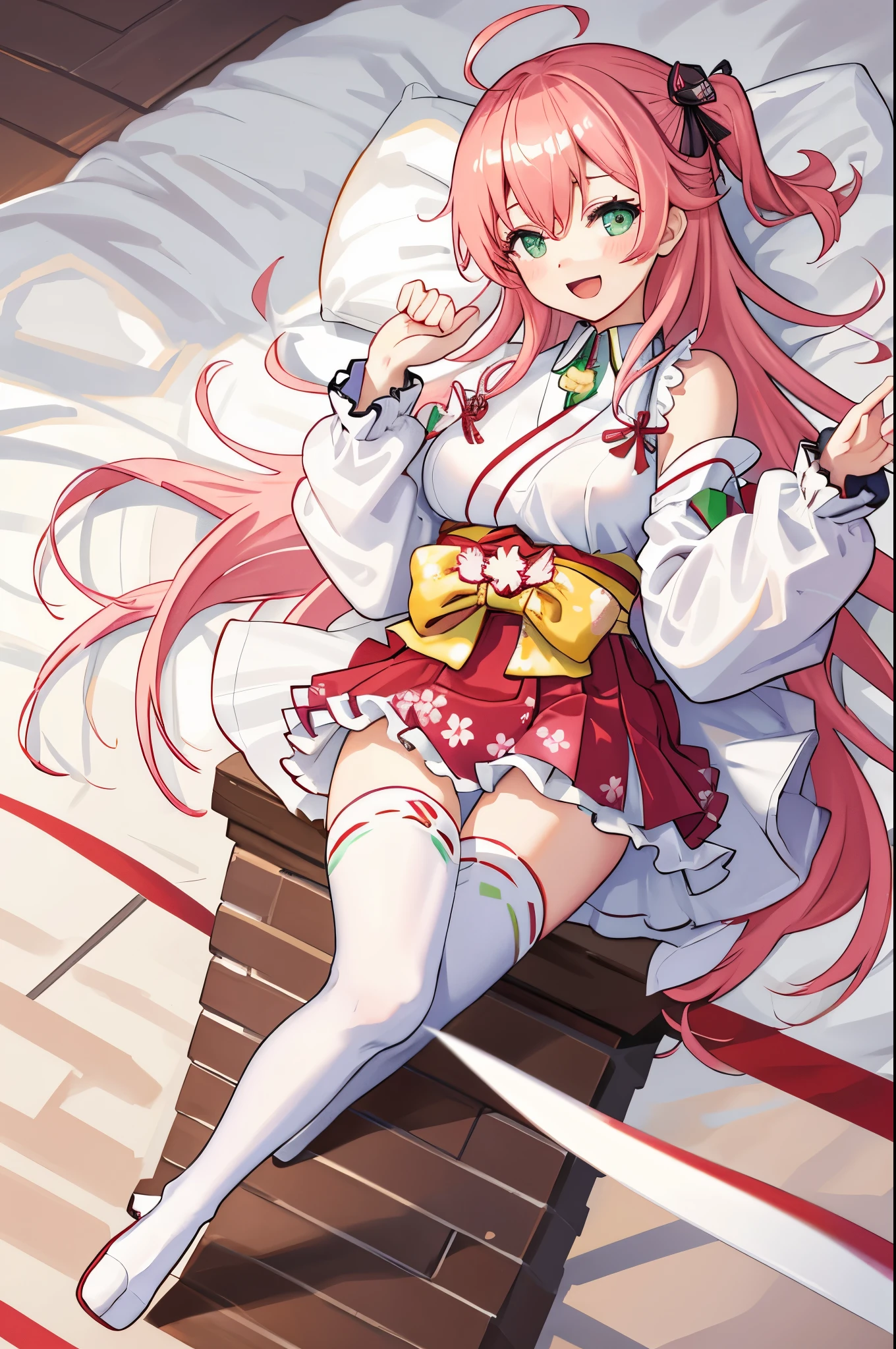 masterpiece, best quality, highres, sakura_miko, 1girl, (loli:1.3),medium_breasts, kimono, solo, ahoge, x_hair_ornament, pink_hair, floral print, hairclip,(side_less_clothes:1.3), (side_breasts:1.3), hair_bell, floral print, long_hair, hair between eyes, one side up, white_thighhighs, wide sleeves, open_mouth,(happy:1.3),green_eyes,smile,apart_legs,(overly_long_sleeves:1.3),),sleeves_past_wrists,hands_hidden_sleeves,sidelock_clothes,solo,hidden_wrists,(XD:1.5),covered_nipples,sunlight,(bare_flank:1.3),boots,open_mouth,kimono,