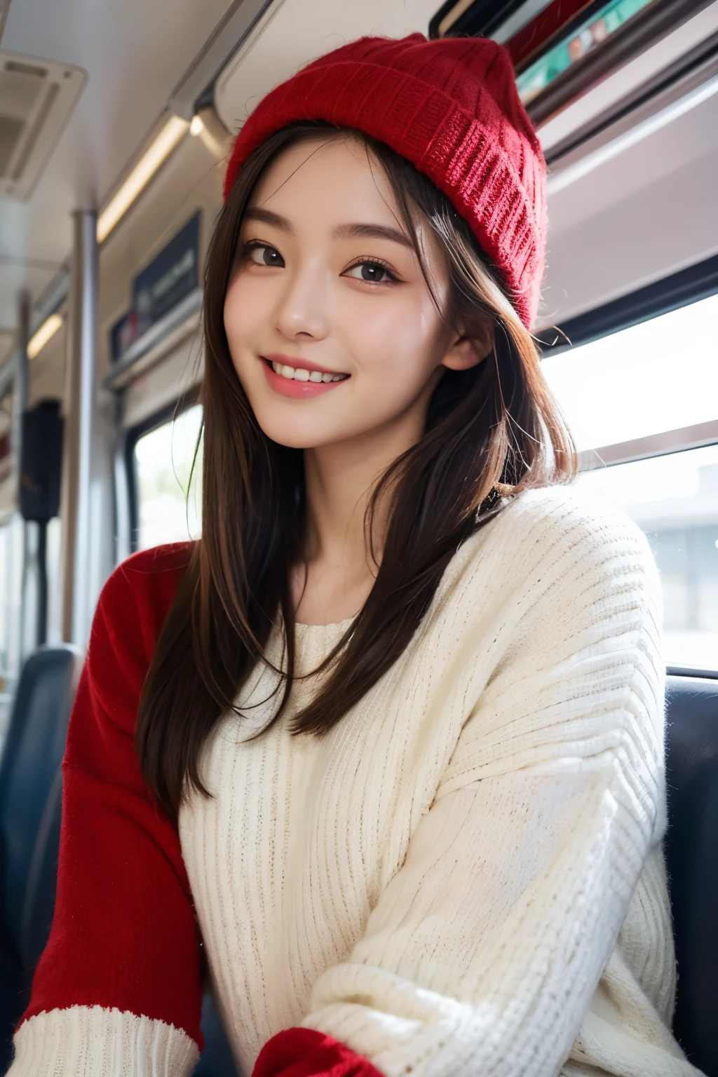(masutepiece:1.3), High resolution, ultra-detailliert, the Extremely Detailed CG Unity 8K Wallpapers, Realistic, photo-Realistic, Raw photo, beautifull detailed face, pale skin, Realistic skin, Detailed Cloth Texture, detailed hair texture, perfectly proportions, Beautiful face, 准确, Anatomically correct, Highly detailed face and skin texture, Natural neck length, (beautiful hand air skin:1.2), Detailed eyes, Symmetrical eyes, Light brown eyes, Double eyelids, Thin eyebrows, (Glossy lips:1.4), (Goddess smile:1.2),
BREAK,
(Classy and cute girl:1.3), (Slender figure:1.2),
(Light brown hair, ((Long hair, :), (upperbody shot:1.2),
(On the bus: 1.2),bus guide、natta、cold winter season、Winter fashion、outer、Hats、Red sweater、Meru