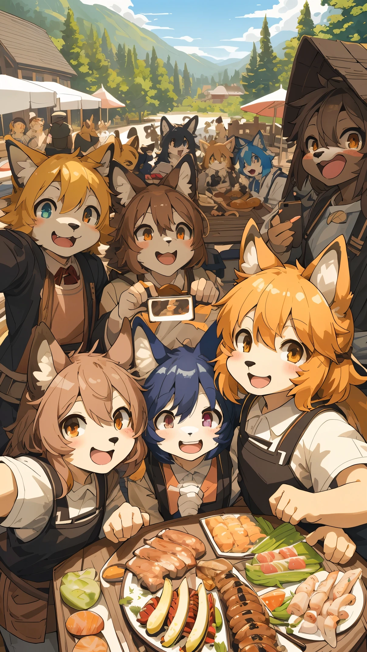 top quality, best quality, High-quality illustrations, masterpiece, super high resolution, detailed background, detailed background, BBQ, group shot:0.5, 6+boys, 6+girls, Happy, joyful, absurdres(highly detailed beautiful face and eyes)perfect anatomy(kemono, furry anthro)selfie:0.2,