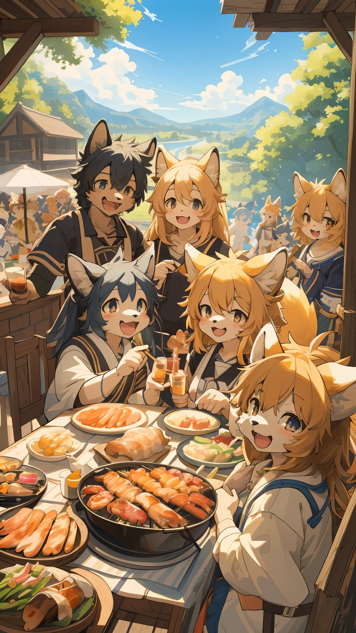 top quality, best quality, High-quality illustrations, masterpiece, super high resolution, detailed background, detailed background, BBQ, group shot:0.5, 6+boys, 6+girls, Happy, joyful, absurdres(highly detailed beautiful face and eyes)perfect anatomy(kemono, furry anthro)selfie:0.2,