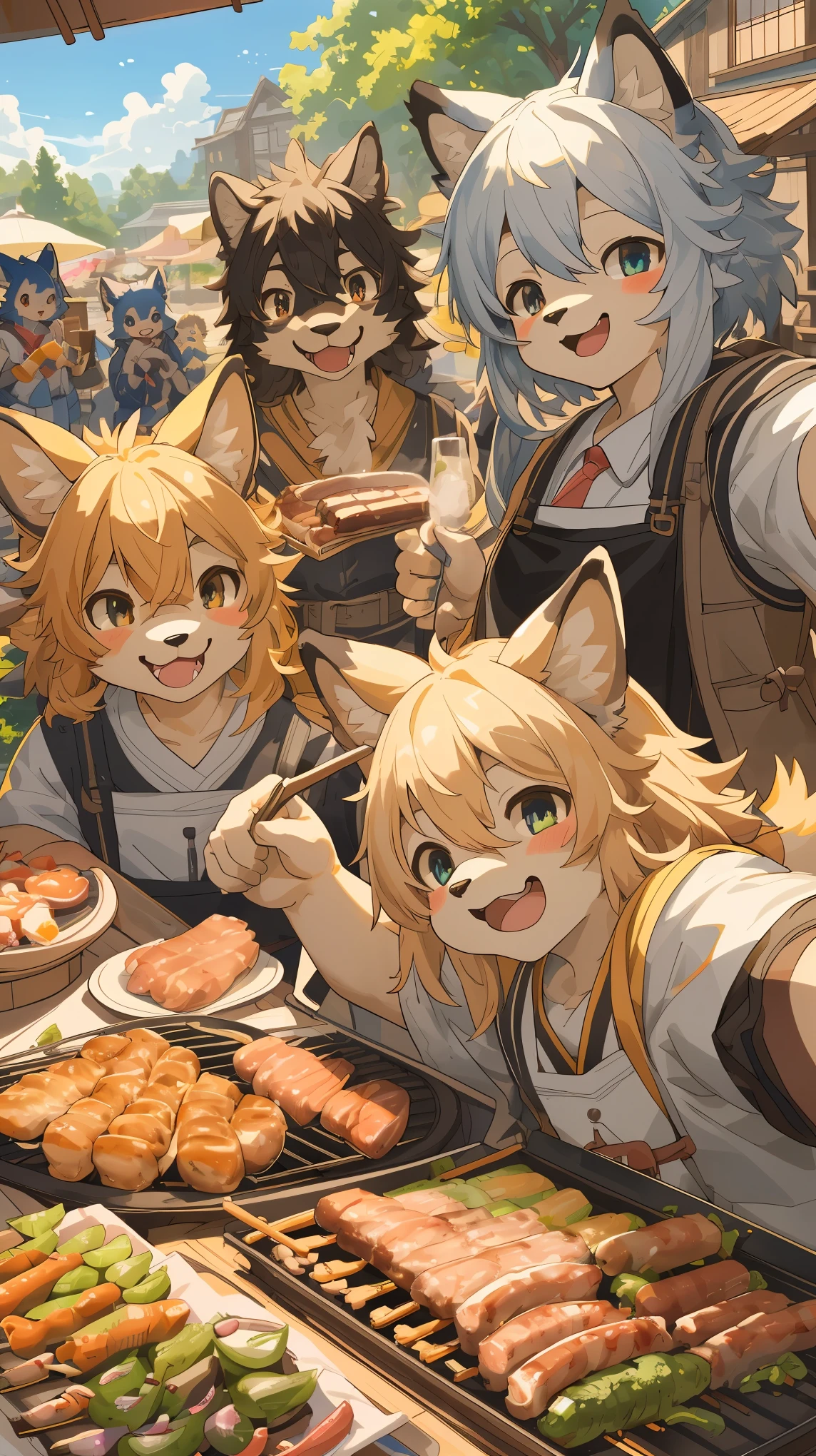 top quality, best quality, High-quality illustrations, masterpiece, super high resolution, detailed background, detailed background, BBQ, group shot:0.5, 6+boys, 6+girls, Happy, joyful, absurdres(highly detailed beautiful face and eyes)perfect anatomy(kemono, furry anthro)selfie:0.2,