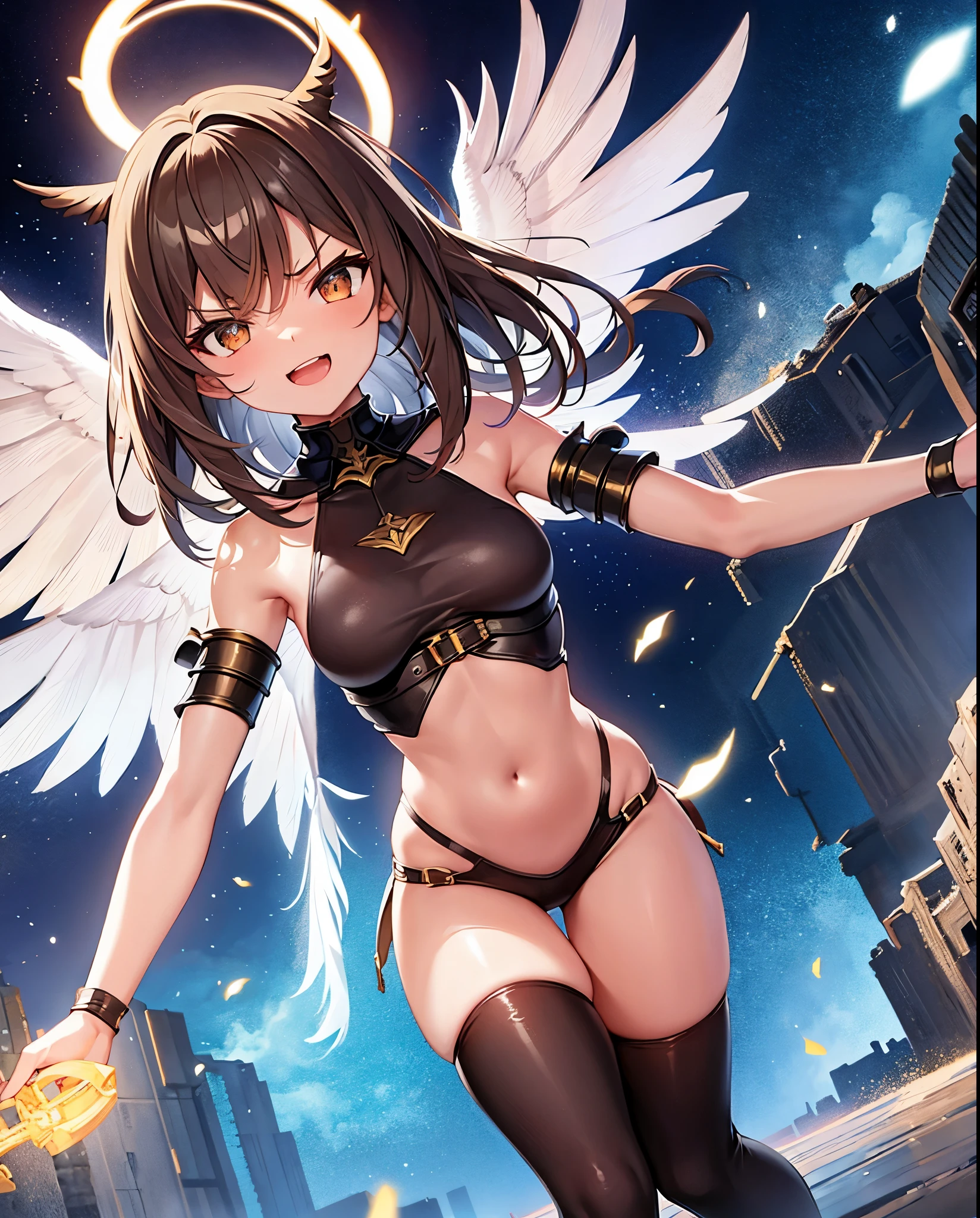 fantasy, 1angel_girl,child, loli,brown_hair, medium_bob_hair, long_bangs, halo,bare_shoulder,thighhighs,silver_armor, waist_armor, large_breasts,angry,grinning,open_mouth_teeth, 1pair_wings, dynamic_pose_fighting,floating, bare_crotch, headgear,gauntlet, greaves,city_sky_background,slightly_spread_legs, solo, groin_naked,dark_skin,