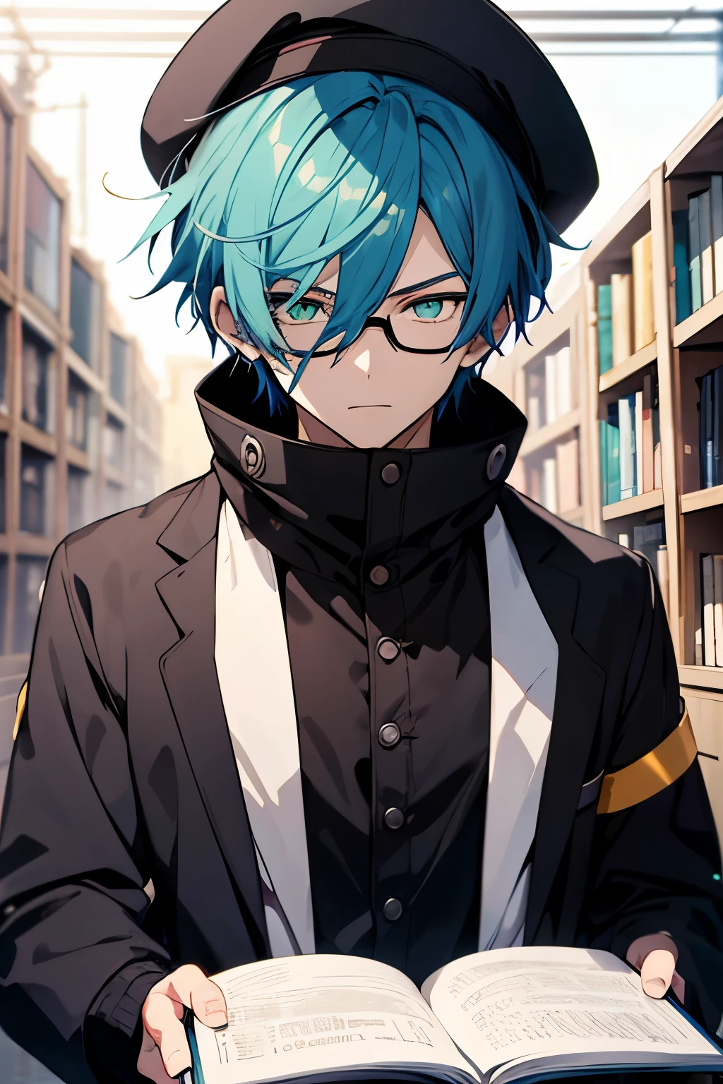 dead body、blue blood everywhere、blue blood splash、dark hue、Colorful shades、1(Best Quality, masutepiece:1.2),1boy,Anime young man with blue hair and glasses wearing a black jacket, live2d virtual youtuber model, 2 d anime style, anime moe art style, paint tool sai!! Blue, anime stylized, Stylized anime, 2 D Anime, Bright green eyes,Black beret、Reading a book with both hands、astrologer