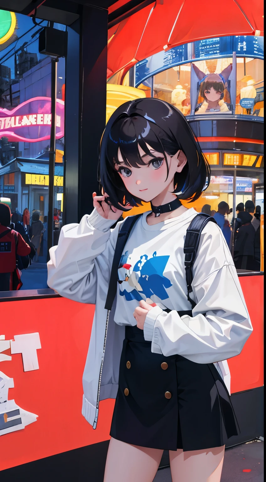 full bodyesbian，(child)，（​masterpiece，Highest Quality），a miniskirt，A dark-haired，An amusement park