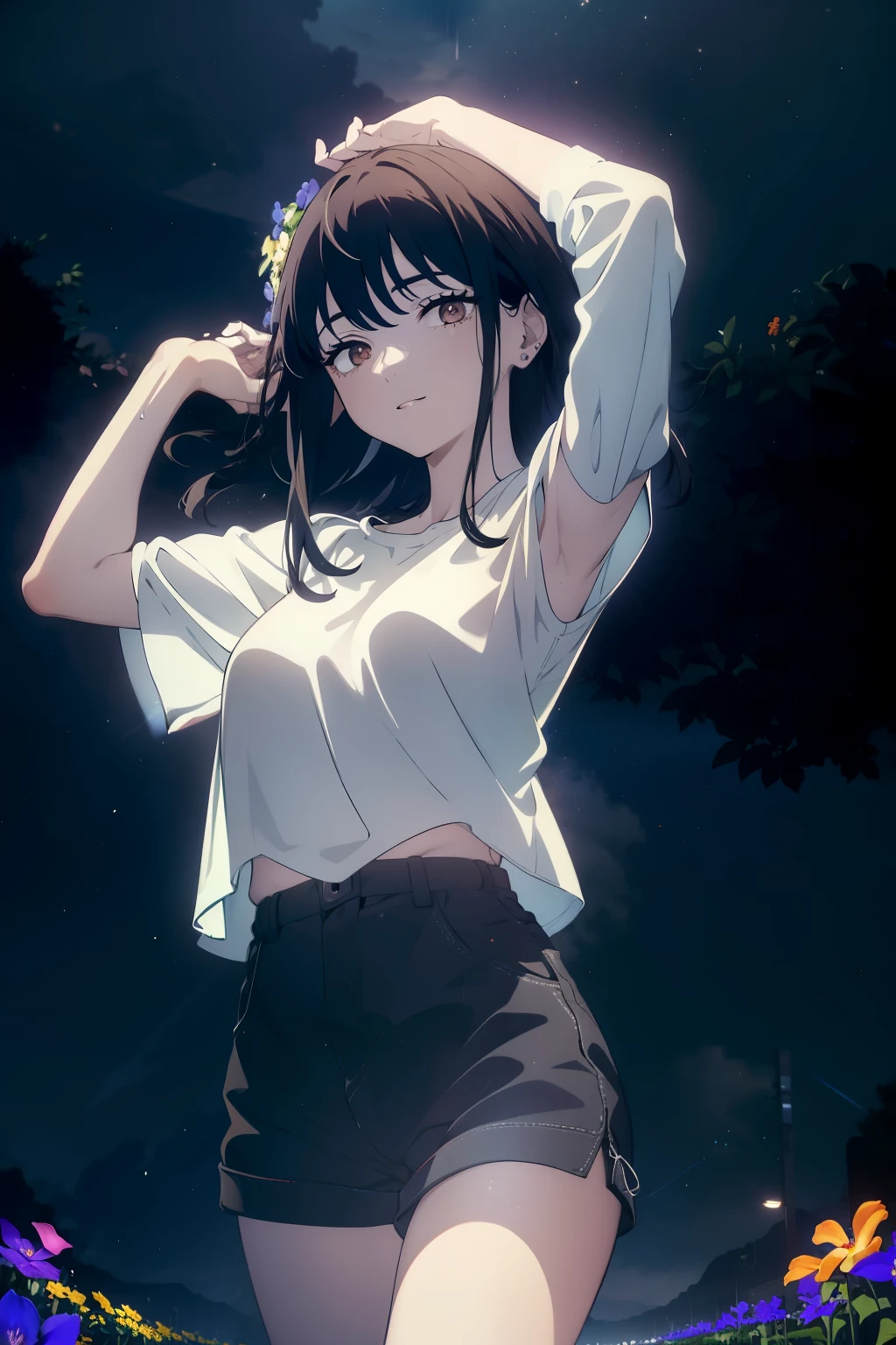 ((((Obra maestra, La mejor calidad, ultrahigh resolution)))), 1girl, standing, (baggy white t-shirt, loose fitting blue shorts, long back hair, long dark black hair, pale skin, ((brown eyes)), glowing_eyes, neon eyes, ((ultra detailed eyes:0.7, beautiful and detailed face, detailed eyes:0.9)), ((centered)), smile, (wide shot), facing viewer, (((vibrant background of outside, LSD flowers, bright lighting, darkness))), flat chested, ((looking at viewer)), ((half closed eyes)), ((perfect hands)), ((head:1, hips, elbows, arms, in view)), empty eyes, beautiful lighting, defined subject, 25 years old, ((a very cool image)),