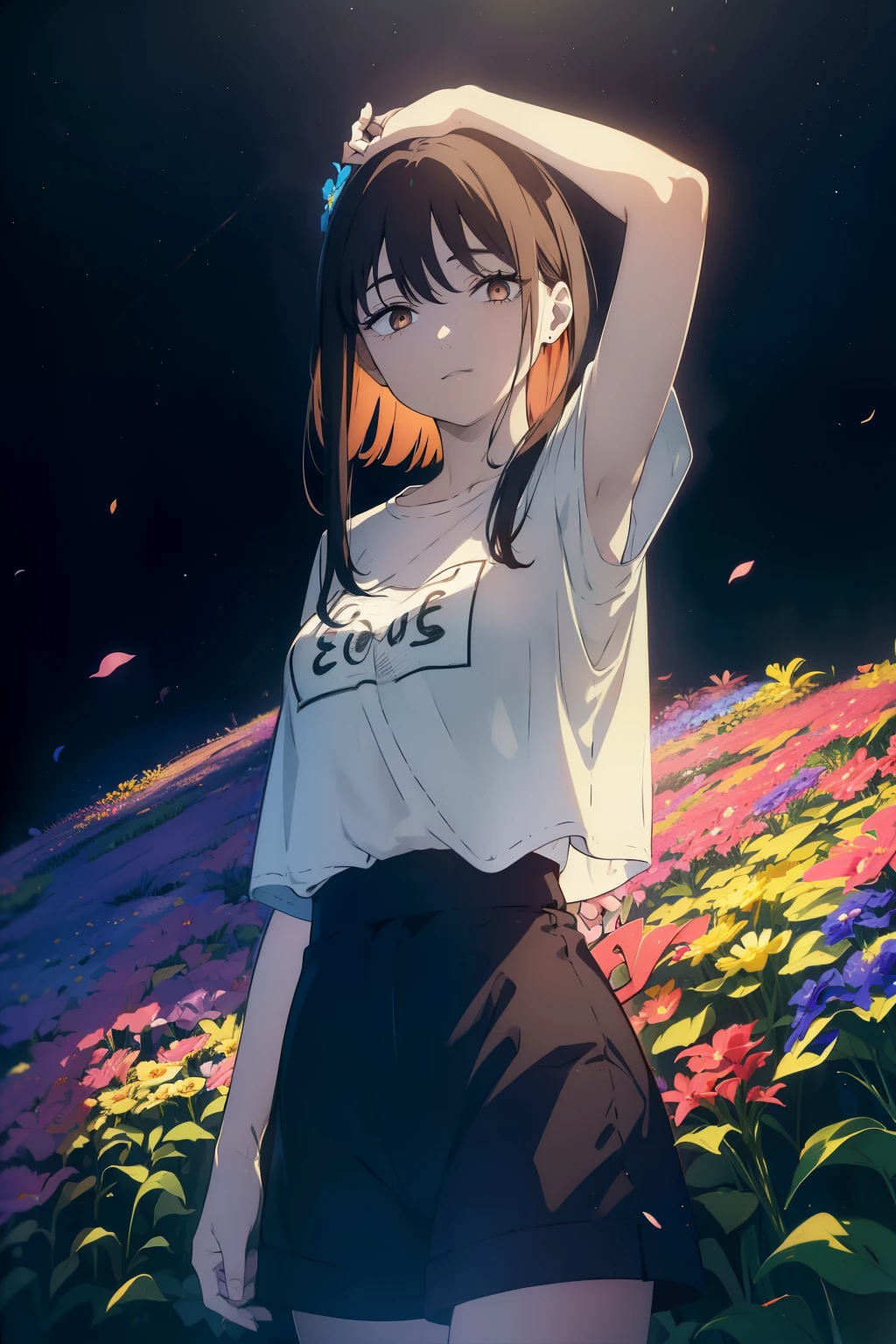 ((((Obra maestra, La mejor calidad, ultrahigh resolution)))), 1girl, standing, (baggy white t-shirt, loose fitting blue shorts, long back hair, long dark black hair, pale skin, ((brown eyes)), glowing_eyes, neon eyes, ((ultra detailed eyes:0.7, beautiful and detailed face, detailed eyes:0.9)), ((centered)), smile, (wide shot), facing viewer, (((vibrant background of outside, LSD flowers, bright lighting, darkness))), flat chested, ((looking at viewer)), ((half closed eyes)), ((perfect hands)), ((head:1, hips, elbows, arms, in view)), empty eyes, beautiful lighting, defined subject, 25 years old, ((a very cool image)),