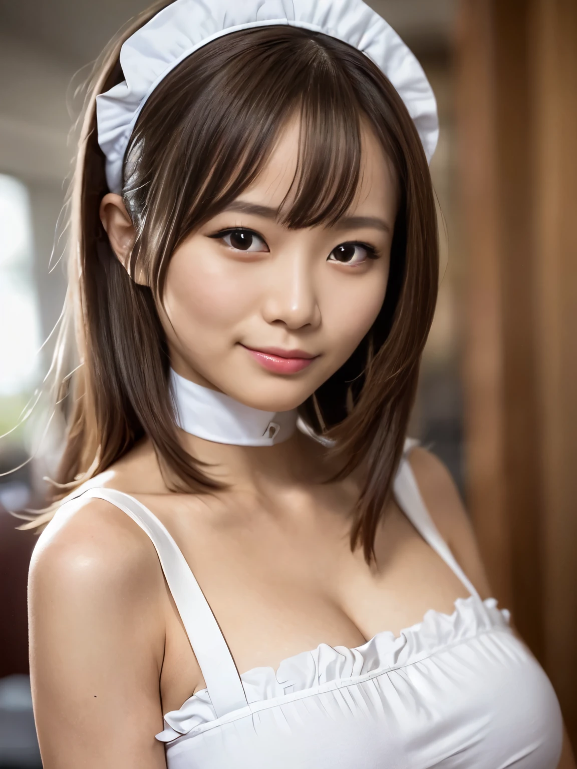 masutepiece, 1 girl per 1 photo, upperbody shot, front-facing view, a Japanese young pretty woman, Wearing a cute maid costume in short-sleeved satin silky black、With a big smile in the café, Wearing a white ruffled headband, Apron with white ruffles, a black choker, Glamorous figure, hyper cute face, Glossy lips, Sweaty body, Double eyelids in both eyes, Natural makeup, long eyelashes, shiny smooth light brown hair of a long bob hair, asymmetrical bangs, Tanned skin, central image, 8K resolution, high detailing, detailed hairstyle, Detailed face, spectacular movie lighting, Octane Rendering, Vibrant, Hyper realistic, Perfect limbs, Perfect Anatomy,disproportionate-breasted, full-face blush