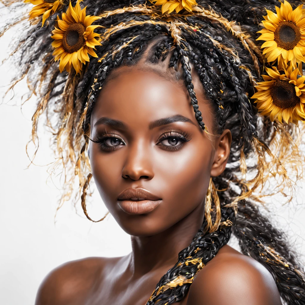 Beautiful girl, braids, sunflowers, pampas grass, abstract, floral, fantasy, beautiful, african style, realistic, black, white, golden fibers, balls, swirls, sparks, octane, brightly, a closeup of a