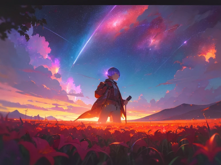 expansive landscape photograph , (a view from below that shows sky above and open field below), a girl standing on red lily flower field looking up,add_detail, ( shooting stars:0.9), (nebula:1.3), distant mountain, tree BREAK production art, (warm light source:1.2), lot of purple and orange, intricate details, volumetric lighting BREAK (masterpiece:1.2), (best quality), 4k, ultra-detailed, (dynamic composition:1.4), highly detailed, colorful details,( iridescent colors:1.2), (glowing lighting, atmospheric lighting), (solo:1.2),