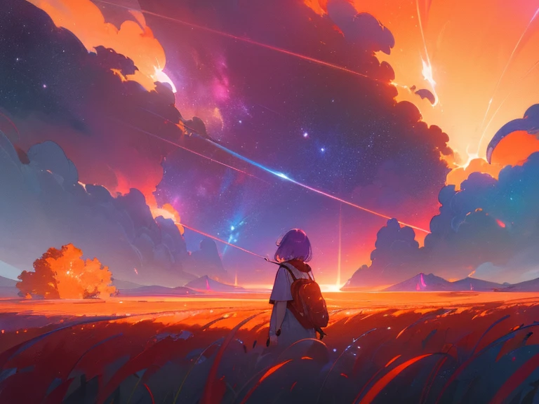 expansive landscape photograph , (a view from below that shows sky above and open field below), a girl standing on red lily flower field looking up,add_detail, ( shooting stars:0.9), (nebula:1.3), distant mountain, tree BREAK production art, (warm light source:1.2), lot of purple and orange, intricate details, volumetric lighting BREAK (masterpiece:1.2), (best quality), 4k, ultra-detailed, (dynamic composition:1.4), highly detailed, colorful details,( iridescent colors:1.2), (glowing lighting, atmospheric lighting), (solo:1.2),