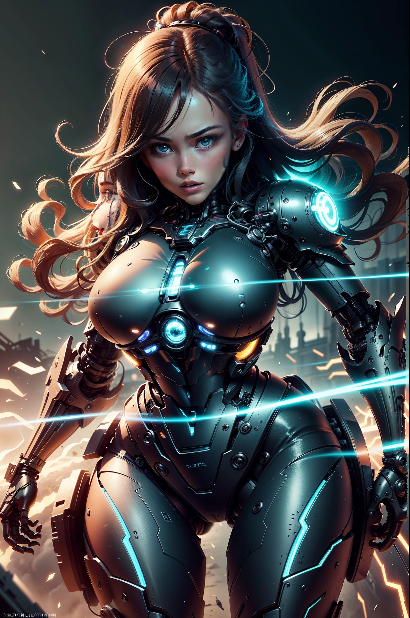 A mais alta qualidade de imagem, Detalhes marcantes, ultra-high resolution, (Fidelidade: 1.4), The best illustration, favor details, 1girl altamente condensado, com um rosto delicado e bonito, vestindo um mecha vermelho, usando um capacete mecha, holding a steering controller, andar de moto, the background a high-tech lighting scene of the future city.