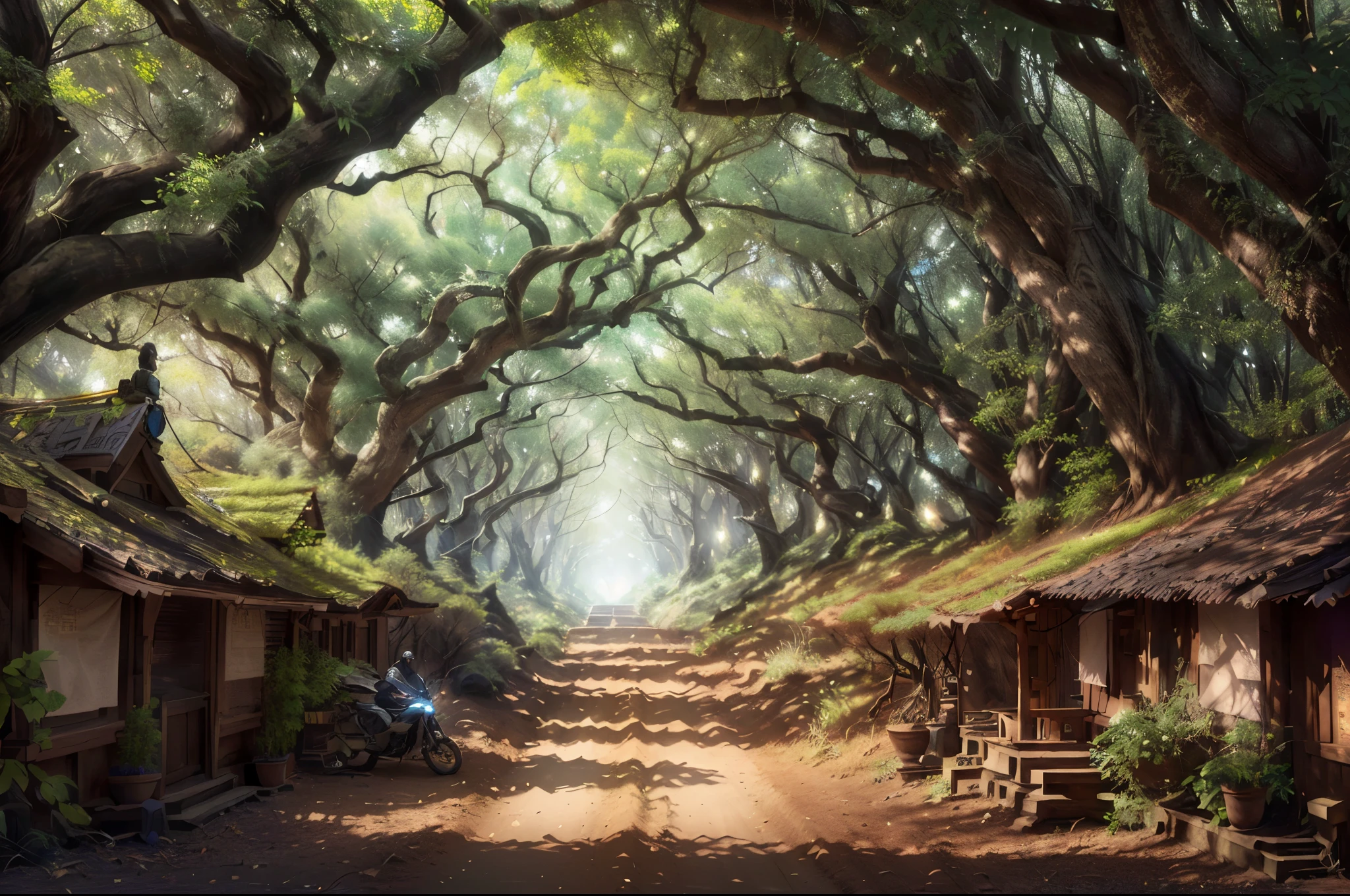 there is a man riding a motorcycle down a dirt road, breath - taking beautiful trees, breath-taking beautiful trees, wide angle fantasy art, stunning photo real concept art, beautiful ancient forest, symmetrical epic fantasy art, by Han Gan, by Rudy Siswanto, by Raymond Han, beautiful digital artwork, beautiful ancient trees, enchanted magical fantasy forest, masterpiece, best quality:1.2),,(8k,highres,RAW photo,realistic,photo-realistic:1.3),(detailed skin texture,detailed cloth texture,beautiful detailed face:1.25),professional lighting,photon mapping,beautiful soft light,radiosity,physically-based rendering,raytracing, model shoot style, model shoot style, (extremely detailed CG unity 8k wallpaper), full shot body photo of the most beautiful artwork in the world,