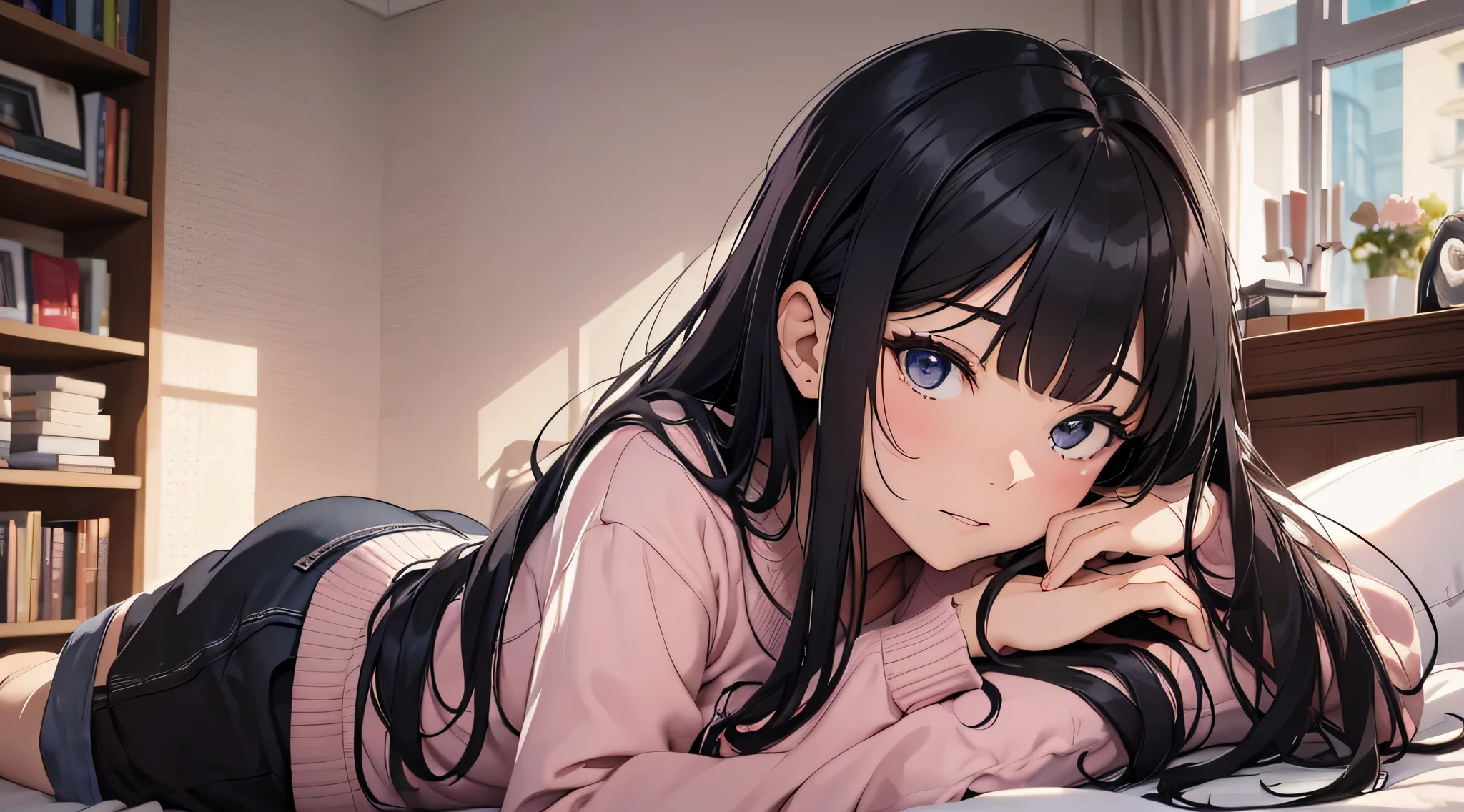 top-quality、Top image quality、masterpiece、Teenage girl((Black pajamas、18year old、 Ager、Best Bust、big bast,Black eyes, Black hair、A slender,Large valleys、Gal style、床futon beddingの上で寝そべる、embarassed face、dye one's cheeks red、all-fours、dishevled hair、Bring your chest together)),hiquality、Beautiful Art、Background with((Nice and clean room.、futon bedding、animal stuffed、pink walls))masterpiece、depth of fields,Cinematic style