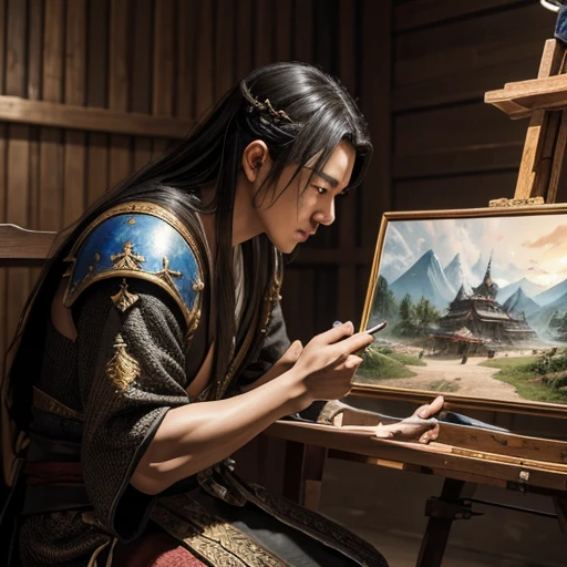 Young Chinese man, From medieval times, pintando um quadro da natureza