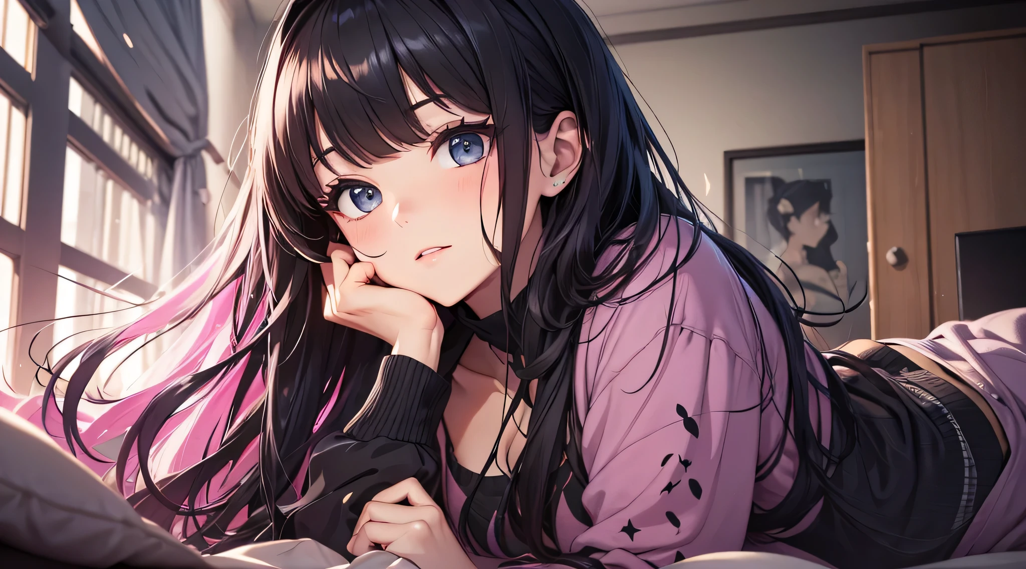 top-quality、Top image quality、masterpiece、Teenage girl((Black pajamas、18year old、 Ager、Best Bust、big bast,Black eyes, Black hair、A slender,Large valleys、Gal style、床futon beddingの上で寝そべる、embarassed face、dye one's cheeks red、all-fours、dishevled hair、Bring your chest together)),hiquality、Beautiful Art、Background with((Nice and clean room.、futon bedding、animal stuffed、pink walls))masterpiece、depth of fields,Cinematic style