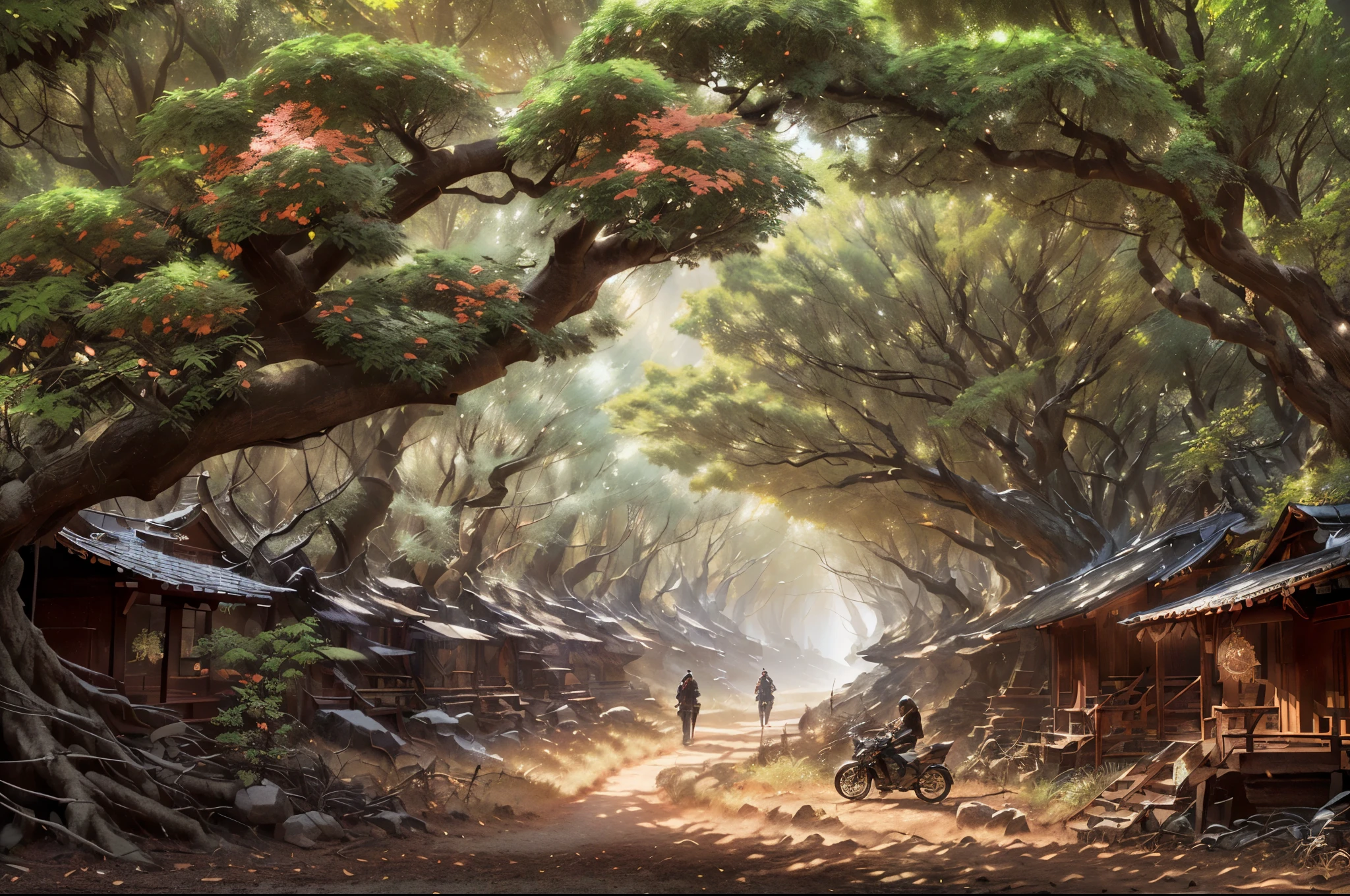 there is a man riding a motorcycle down a dirt road, breath - taking beautiful trees, breath-taking beautiful trees, wide angle fantasy art, stunning photo real concept art, beautiful ancient forest, symmetrical epic fantasy art, by Han Gan, by Rudy Siswanto, by Raymond Han, beautiful digital artwork, beautiful ancient trees, enchanted magical fantasy forest, masterpiece, best quality:1.2),,(8k,highres,RAW photo,realistic,photo-realistic:1.3),(detailed skin texture,detailed cloth texture,beautiful detailed face:1.25),professional lighting,photon mapping,beautiful soft light,radiosity,physically-based rendering,raytracing, model shoot style, model shoot style, (extremely detailed CG unity 8k wallpaper), full shot body photo of the most beautiful artwork in the world,