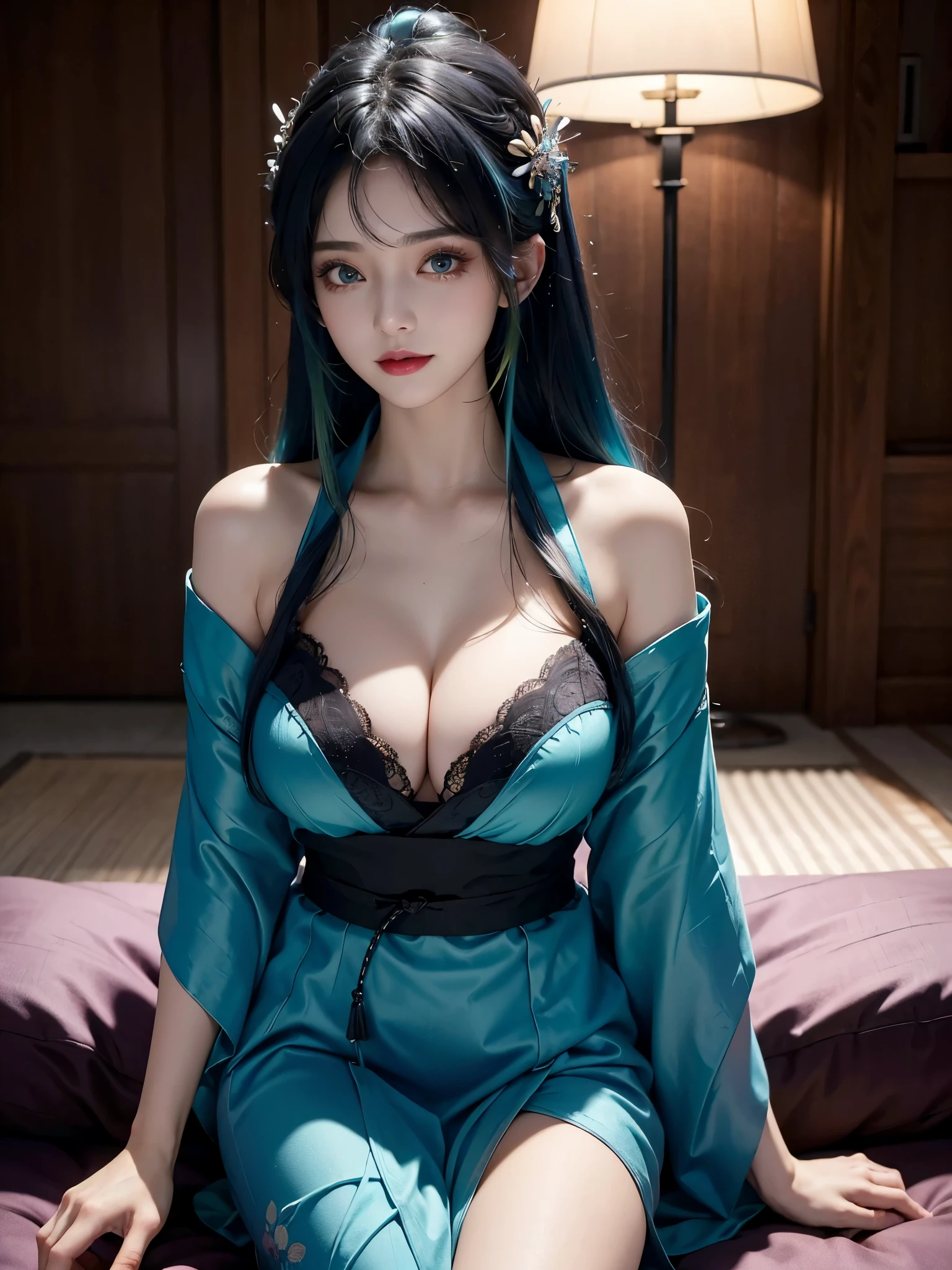 (masterpiece, best quality, highres:1.4), wallpaper, (full body: 0.7), 1 girl, long curly hair, (blue hair:1.0), (black hair:1.0), green eyes, multicolored hair, gradient hair, big breast, looking at viewer, smiling, (black yukata) , holding party popper, night, hairclip, bangs, (shoulder exposed), bra, sitting