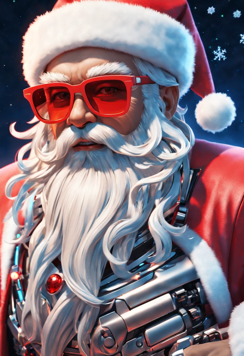 cybernetic Santa Claus, robotic arms with intricate details, futuristic exoskeleton suit, glowing red sunglasses, wear Christmas hat,metallic beard and hair, neon lights illuminating the night sky, pixelated snowflakes falling, ultra-detailed, highres, HDR, physically-based rendering, sci-fi, vibrant colors, futuristic lighting,(best quality,4k,8k,highres,masterpiece:1.2),ultra-detailed,(realistic,photorealistic,photo-realistic:1.37).