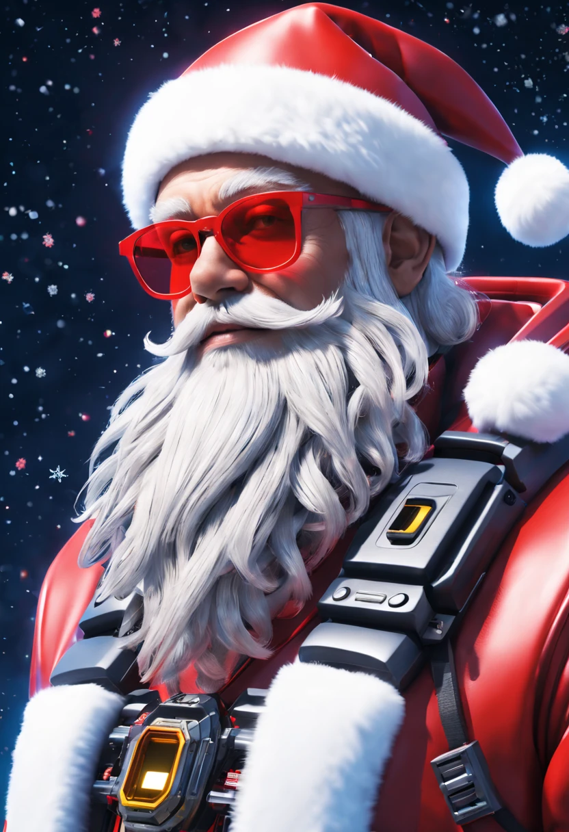 cybernetic Santa Claus, robotic arms with intricate details, futuristic exoskeleton suit, glowing red sunglasses, wear Christmas hat,metallic beard and hair, neon lights illuminating the night sky, pixelated snowflakes falling, ultra-detailed, highres, HDR, physically-based rendering, sci-fi, vibrant colors, futuristic lighting,(best quality,4k,8k,highres,masterpiece:1.2),ultra-detailed,(realistic,photorealistic,photo-realistic:1.37).