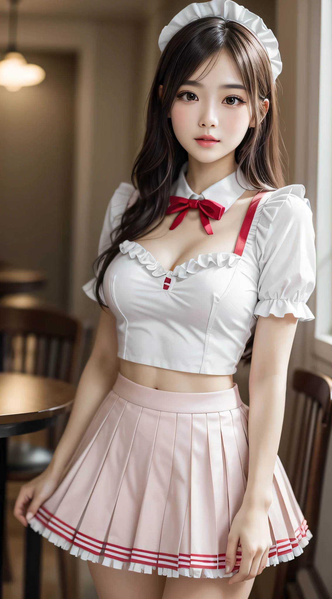 (ung girlrown hair, Amazing face and eyes, Pink eyes, seducting smile, (Maid café costume with frills, Pleated mini-skirt:1.5), (Wide open maid cafe costume:1.2), bared chest, (amazingly beautiful girl), Brown hair, Stylish hair ornamen Quality:1.4), (Ultra-detailed), (extremely detailed CG unified 8k wallpaper), Highly detailed, High-definition raw color photos, Professional Photography, depth of fields, (View from below),