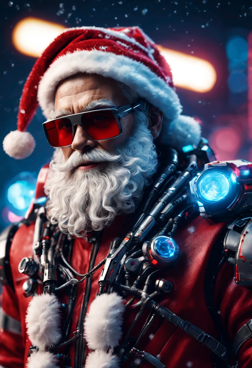 cybernetic Santa Claus, robotic arms with intricate details, futuristic exoskeleton suit, glowing red sunglasses, wear Christmas hat,metallic beard and hair, neon lights illuminating the night sky, pixelated snowflakes falling, ultra-detailed, highres, HDR, physically-based rendering, sci-fi, vibrant colors, futuristic lighting,(best quality,4k,8k,highres,masterpiece:1.2),ultra-detailed,(realistic,photorealistic,photo-realistic:1.37).