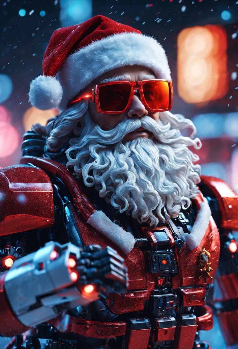 cybernetic Santa Claus, robotic arms with intricate details, futuristic exoskeleton suit, glowing red sunglasses, wear Christmas hat,metallic beard and hair, neon lights illuminating the night sky, pixelated snowflakes falling, ultra-detailed, highres, HDR, physically-based rendering, sci-fi, vibrant colors, futuristic lighting,(best quality,4k,8k,highres,masterpiece:1.2),ultra-detailed,(realistic,photorealistic,photo-realistic:1.37).