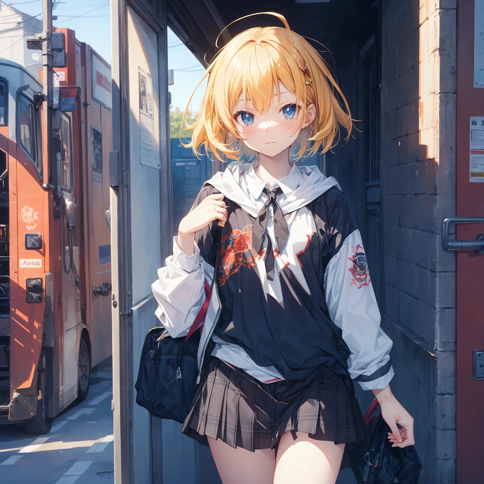 Super high quality by the art god, Ultra-detailed, High resolution, anime moe art style, best anime 8K konachan wallpaper, Pixiv Contest Winner, Perfect Anatomy, BREAK,(Draw a girl sleepily walking to school. ),BREAK, 1girl in, (Solo,Lori,,13yea:1.3),Full limbs, complete fingers,a junior gynous attraction, (Very short hair), Sleeping hair, hair messy, flat chest, Small butt, groin, Small eyes,Beautiful detailed black eyes, Well-proportioned iris and pupils, disgusted eye, High resolution detailed hair, School uniform, Skirt, On the way to school. BREAK,Ultra-detailed細なスキン, Best lighting by famous artists, 8K, Illustration,