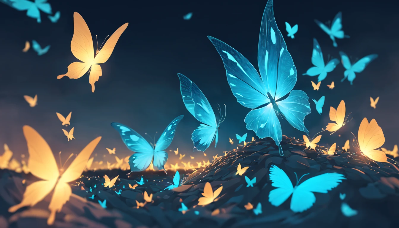 (macro perspective, many) (glowing butterflies, delicate and complete wings) (glow) (blue, cyan, sky blue) (high quality, in top condition, complex flat texture material background), (incredibly, Densely) detailed (and intricately)，Clear blue light panorama