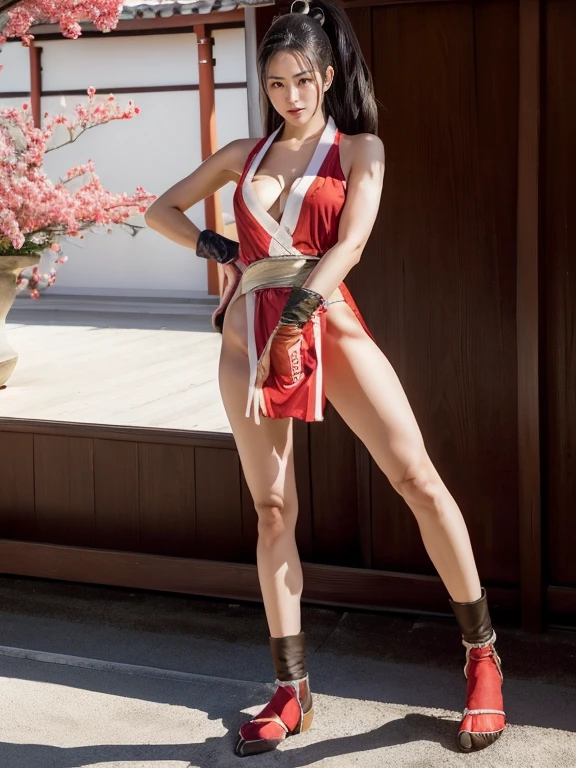 (mai shiranui:1.6), (tabi:2.0), (toe:1.2), (Full body portrait:2.0), Full body, (Realism), (masutepiece:2.0), (Best Quality), (ultra-detailliert), (8K, 4K, Convoluted), (Flat Lighting:1.2), (skinny), Prestige, Brown eyes, Long hair, brown eyes, long hair, brown hair, white ribbon, sleeveless, ponytail, sash, pelvic curtain, arm guards, gloves, tabi, fascinated expression, Sexy eyes, slim, medium breasts, Smile, Cute, view the viewer, Long hair, Close to Japan temple, (breasts focus:1.2), (Realistic:1.2), (Full Shot: 1.2), (85 mm), light Particle, Lighting, (Highly detailed:1.2), (Detailed face:1.2), (gradients), SFV, Colorful, (Detailed eyes:1.2), (Detailed temples of Japan: 1.2),(Detailed background), (Dynamic Angle:1.2), (Line of action:1.2), Wide Shot, Daylight, Solo.