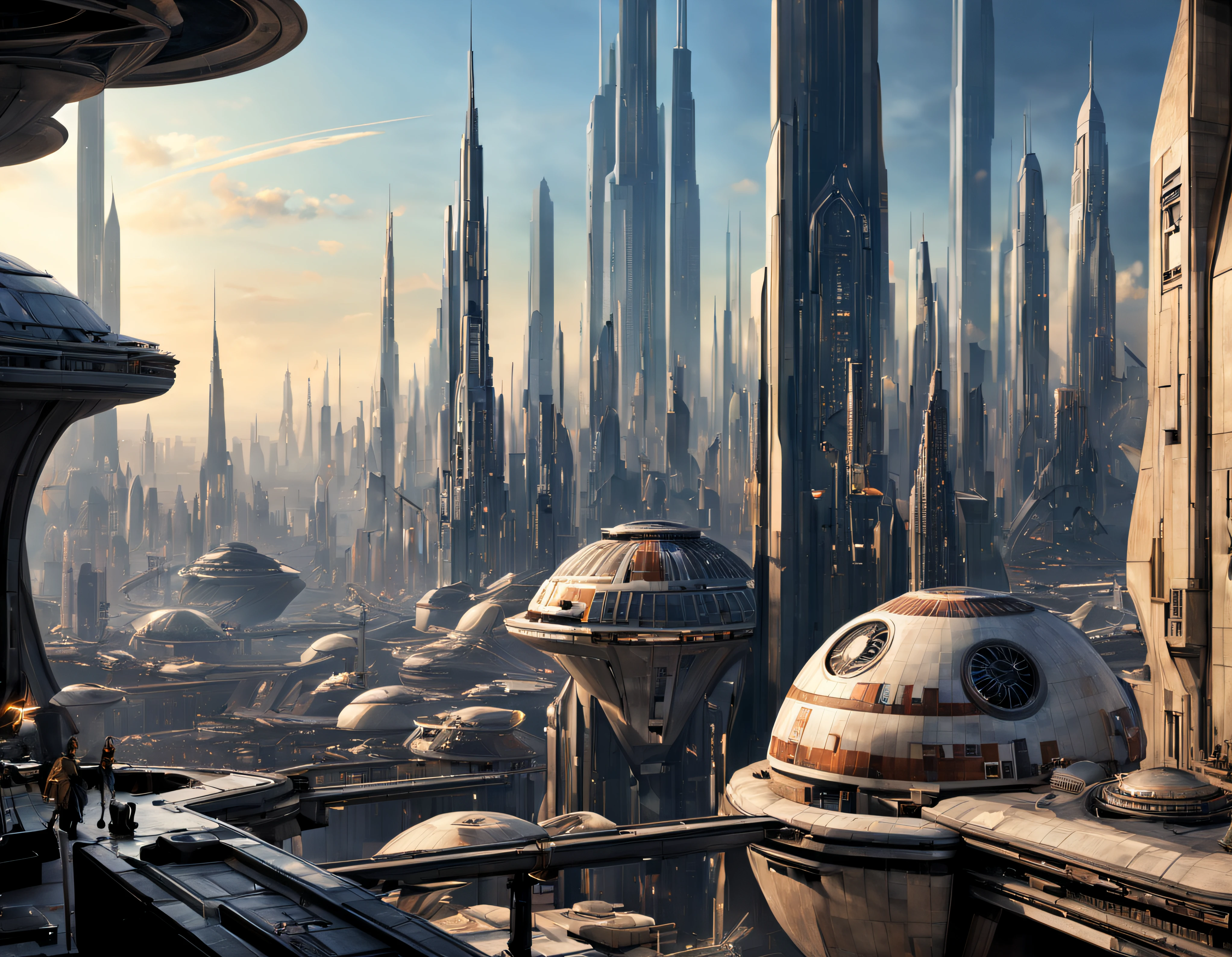 vista desde una terraza de la ciudad de coruscant de star wars, con sus inmensos edificios futuristas, (Design by Doug Chiang), intrincados detalles de la maquina de la mas alta calidad, estilo cinematografico, nitidez absoluta, imagen 8k. (obra maestra).
