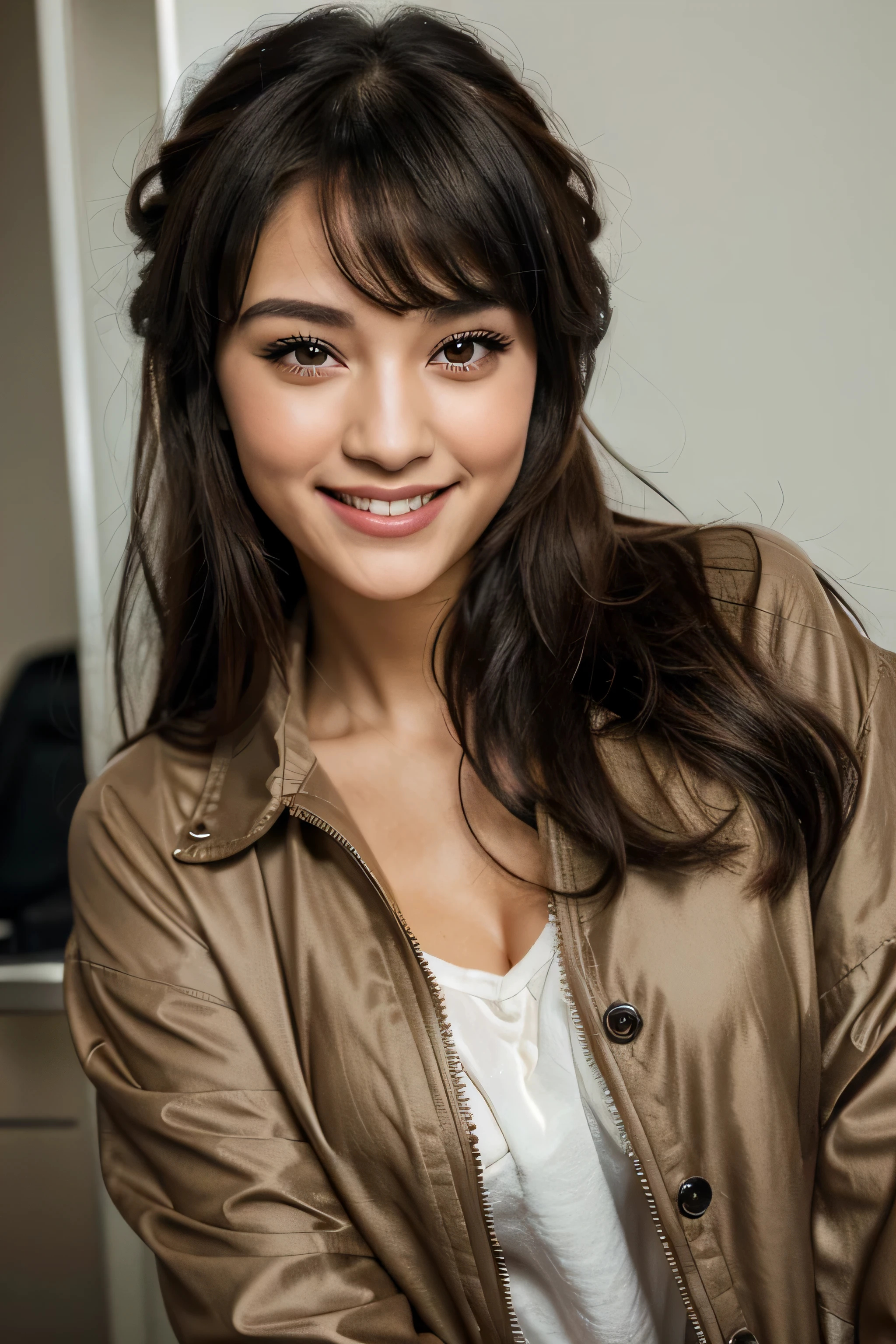 A very cute woman, with extreme beauty and an extremely nice body and extreme cuteness, dark hair, fringe hairstyle with ponytail, she playfully smiles and mocks fans with her cuteness. The perfect smile, sparkling korean eyes, smiling like a korean girl, dressed in a loose fluffy bear brown jacket

In a scene of undeniable allure, the cute woman captivates with her extreme beauty and playful demeanor. Her dark hair, styled with a fringe, frames features accentuated by the perfect smile and sparkling eyes. Mocking fans with playful charm, she adds an element of delightful mischief to the atmosphere. Dressed in a dressed in a loose fluffy brown jacket, her fashion choice injects a pop of vibrant color into the scene. The expert lens of Steven Klein captures this enchanting moment using a Canon EOS-1D X Mark III with a 50mm lens. The lighting, a fusion of natural and studio lighting, enhances the woman's beauty and radiance. This award-winning cinematic photograph boasts 8K, Ultra-HD, Super-Resolution quality. --v 5 --q 2,  ((
2137045316))