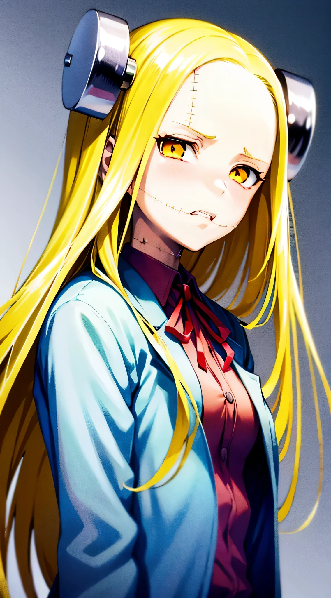 Madaraki_Fran,A girl,stands,very angry,disappointed, He stares in disgust ,surgeon'gown, hairlong , yellow hair,seams , Scars on the body