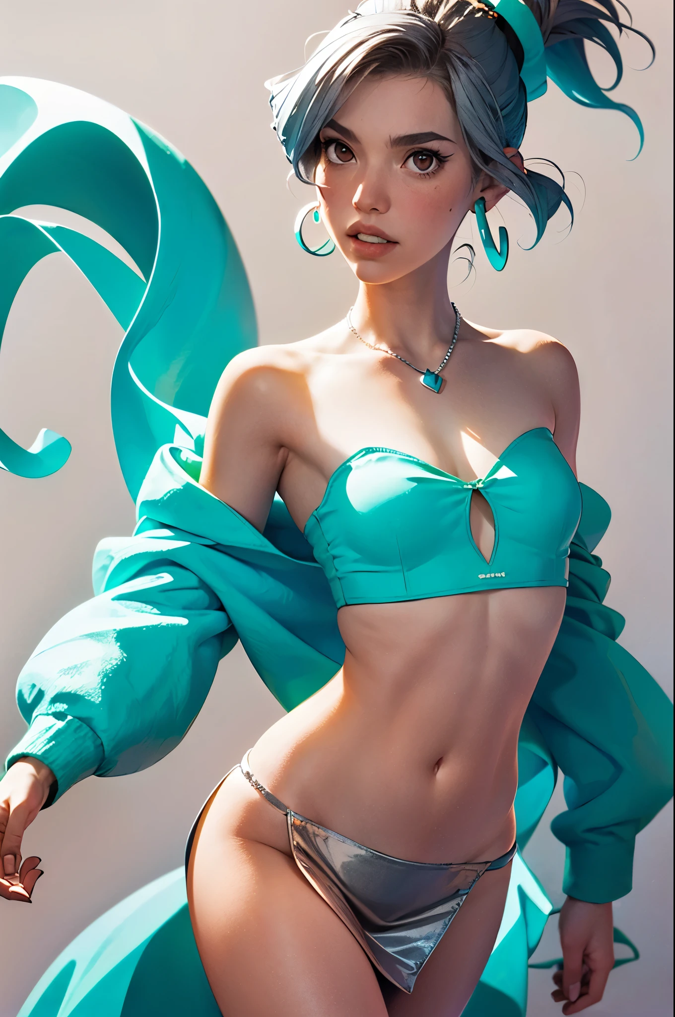 girl, (skimpy:1.2), (Neon,Plain Background:1.4),Skinny,Flat Chest,Leaning Forward,Very Short Hair,Ponytail,(silver Tube Top,cyan Skirt:1.3),Yu-Gi-Oh,Priest ,(masterpiece,detailed,highres:1.4)