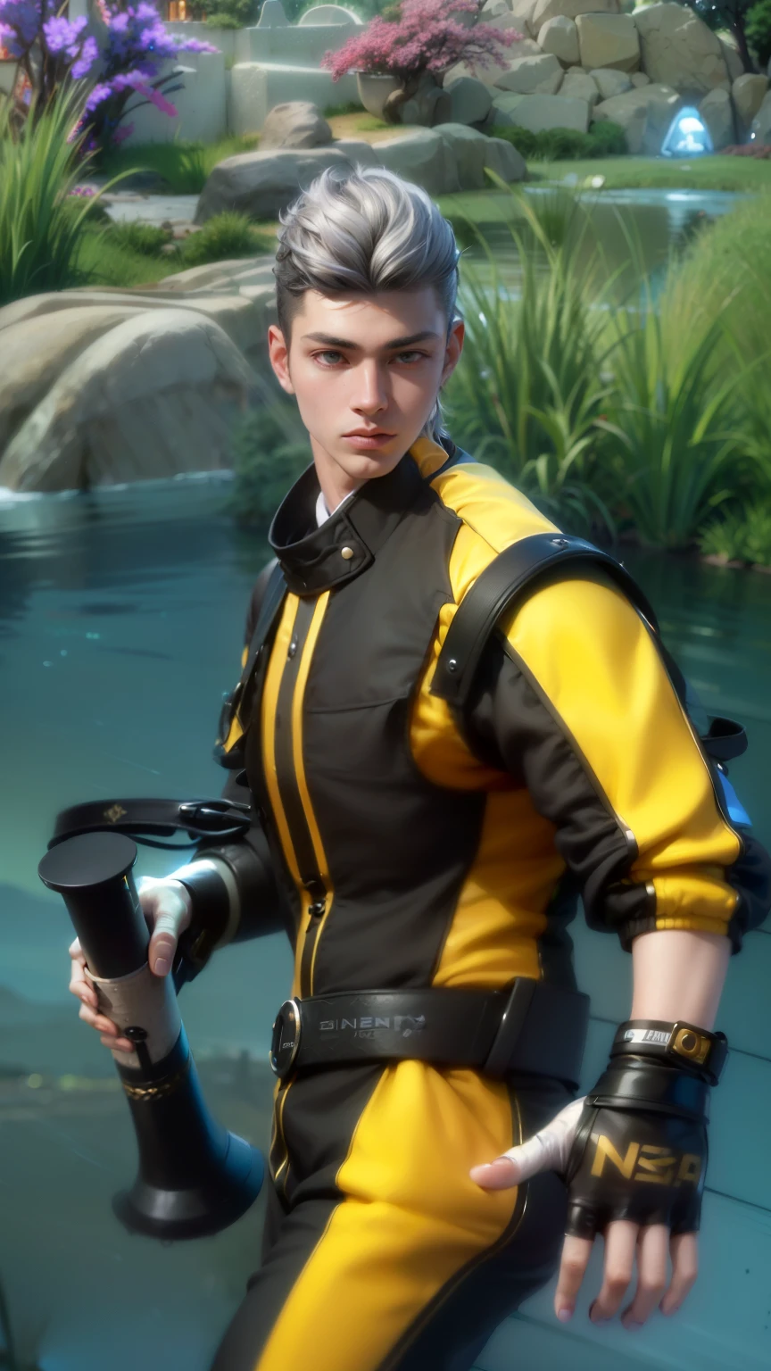 masculine male, masterpiece, ((perfect eyeest quality, (semirealism:1.9), beautiful lighting, (extremely detailed CG unity 4k fhd wallpaper), High Detail, Sharp focus, dramatic outdoors, 1 boy ,19 years old, white hair, light purpel eyes.