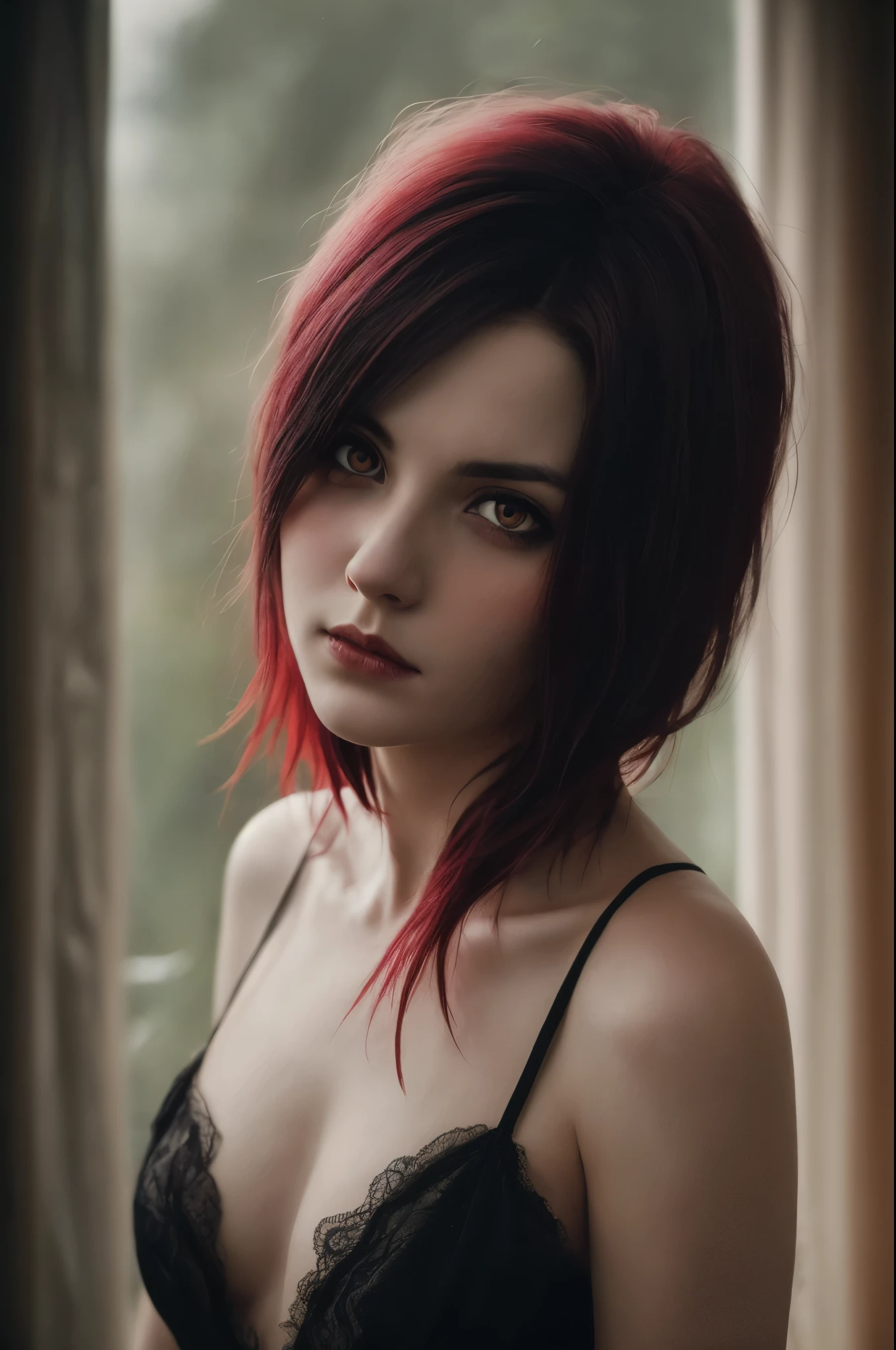 (Realisttic:1.2), analog photo style, cute woman with short black-red multicolored hair, red eyes, (Gloomy and dark atmosphere), soft natural light, faded colours, sexy, great quality, Masterpiece, detailed fantasy background, better performance, 16k quality, HDR, RAW photo