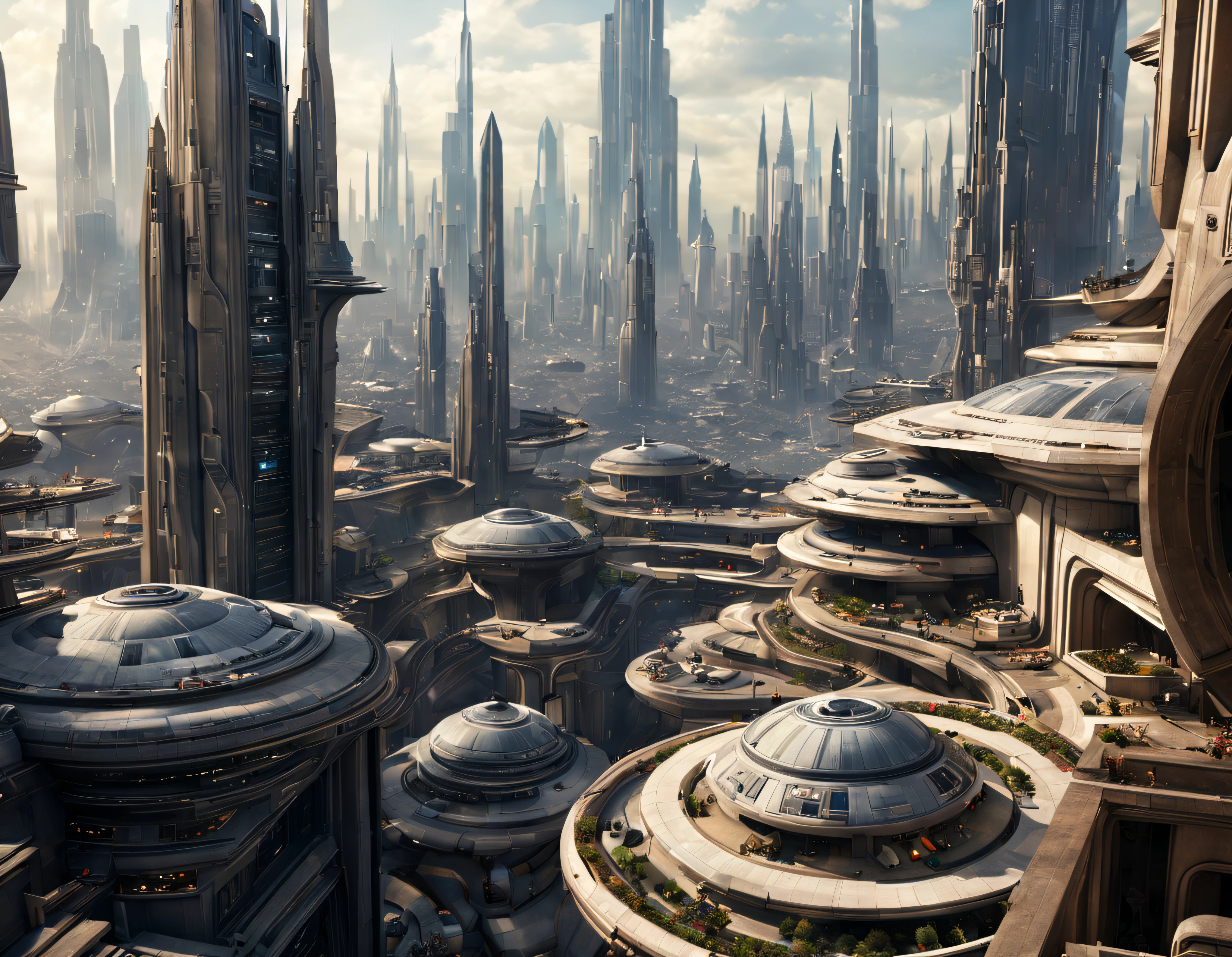 vista desde una terraza de la ciudad de coruscant de star wars, con sus inmensos edificios futuristas, (Design by Doug Chiang), intrincados detalles de la maquina de la mas alta calidad, estilo cinematografico, nitidez absoluta, imagen 8k. (obra maestra).