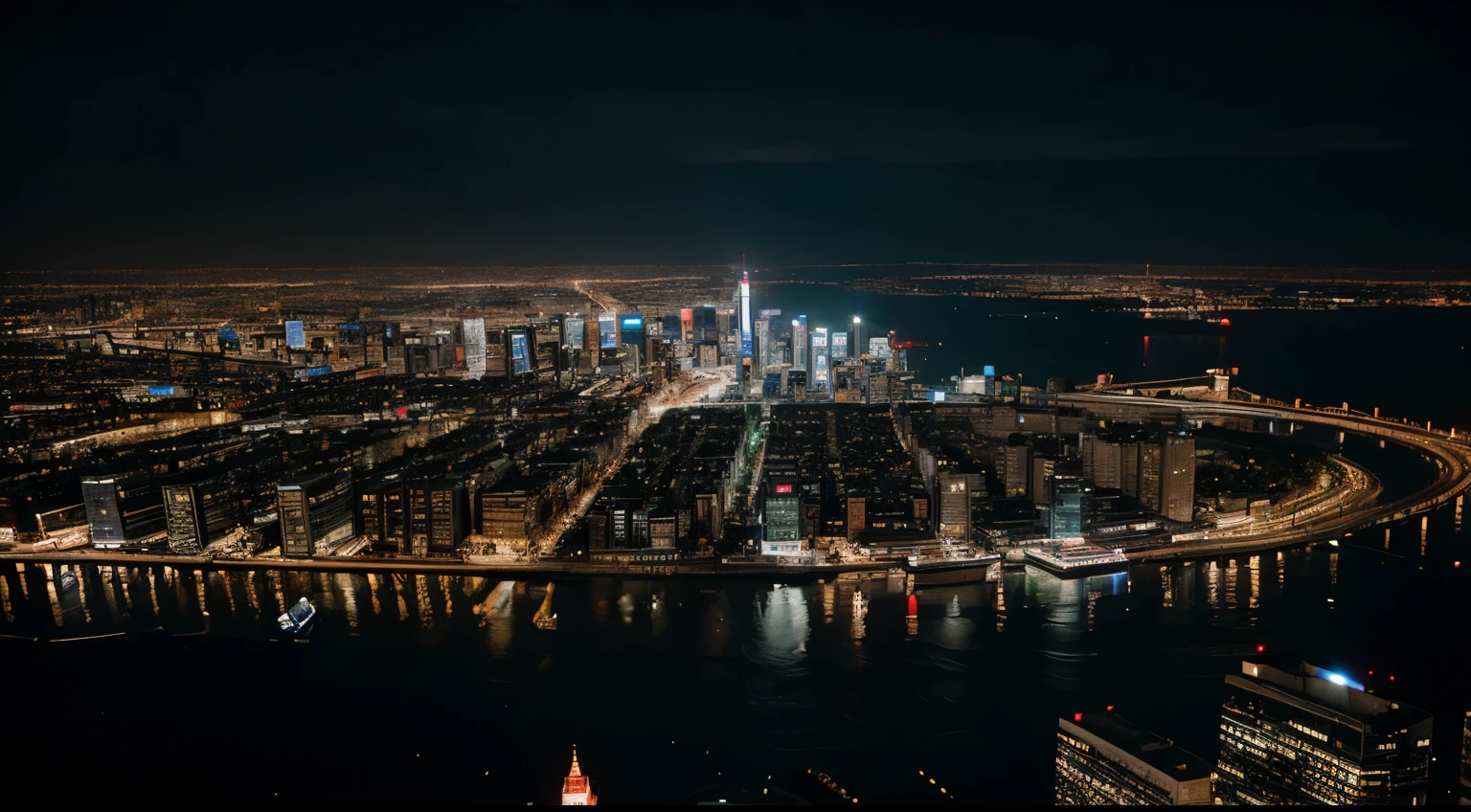 Photograph a bustling cityscape at night, showcasing the vibrant energy of a technological hub