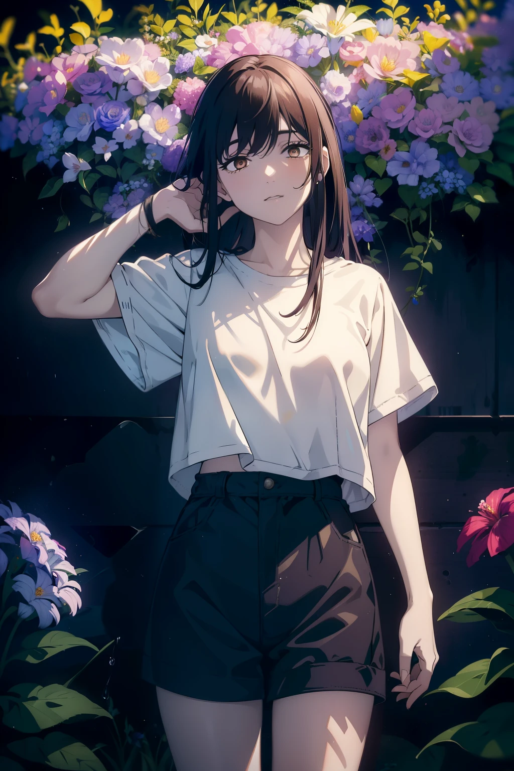 ((((Obra maestra, La mejor calidad, ultrahigh resolution)))), 1girl, standing, (baggy white t-shirt, loose fitting blue shorts, long back hair, long dark black hair, pale skin, ((brown eyes)), glowing_eyes, neon eyes, ((ultra detailed eyes:0.7, beautiful and detailed face, detailed eyes:0.9)), ((centered)), smile, (wide shot), facing viewer, (((vibrant background of outside, LSD flowers, bright lighting, darkness))), flat chested, ((looking at viewer)), ((half closed eyes)), ((perfect hands)), ((head:1, hips, elbows, arms, in view)), empty eyes, beautiful lighting, defined subject, 25 years old, ((a very cool image)),