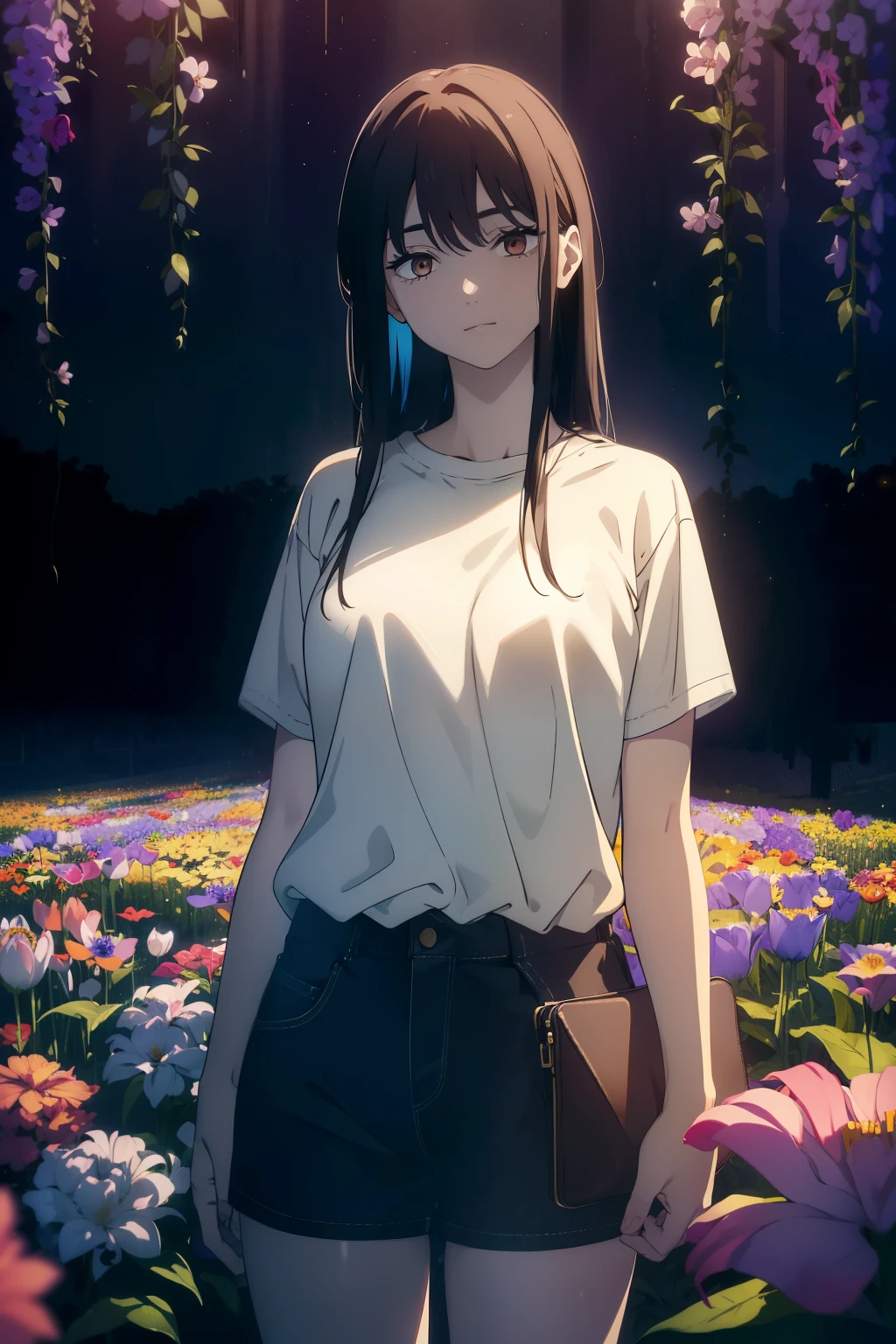 ((((Obra maestra, La mejor calidad, ultrahigh resolution)))), 1girl, standing, (baggy white t-shirt, loose fitting blue shorts, long back hair, long dark black hair, pale skin, ((brown eyes)), glowing_eyes, neon eyes, ((ultra detailed eyes:0.7, beautiful and detailed face, detailed eyes:0.9)), ((centered)), smile, (wide shot), facing viewer, (((vibrant background of outside, LSD flowers, bright lighting, darkness))), flat chested, ((looking at viewer)), ((half closed eyes)), ((perfect hands)), ((head:1, hips, elbows, arms, in view)), empty eyes, beautiful lighting, defined subject, 25 years old, ((a very cool image)),