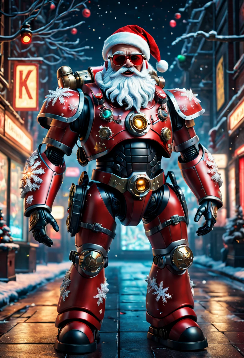 Warhammer 40K universe, cybernetic Santa Claus, robotic arms with intricate details, futuristic exoskeleton suit, glowing red sunglasses, wear Christmas hat,metallic beard and hair, neon lights illuminating the night sky, pixelated snowflakes falling, ultra-detailed, highres, HDR, physically-based rendering, sci-fi, vibrant colors, futuristic lighting,(best quality,4k,8k,highres,masterpiece:1.2),ultra-detailed,(realistic,photorealistic,photo-realistic:1.37).