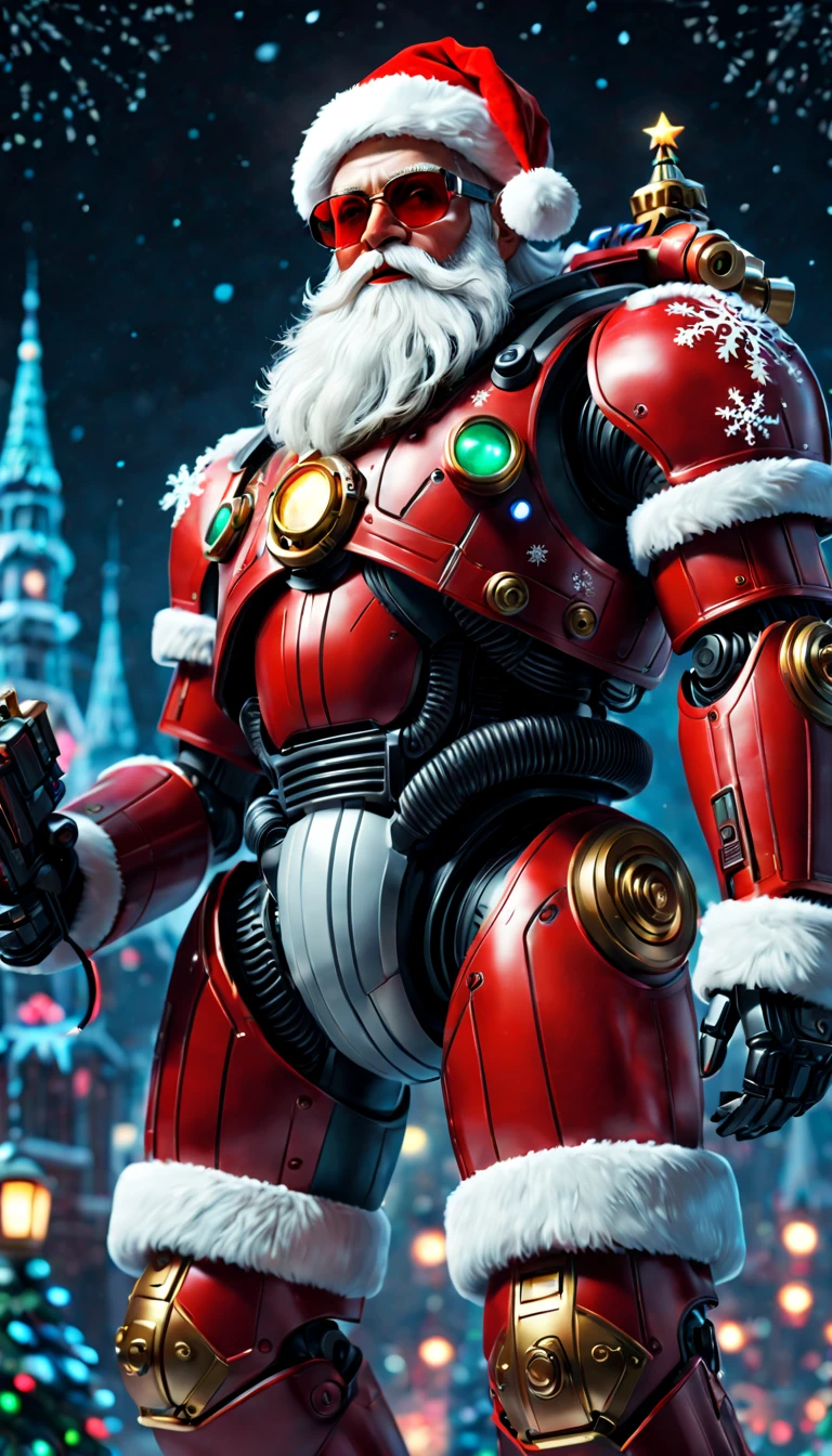 Warhammer 40K universe, cybernetic Santa Claus, robotic arms with intricate details, futuristic exoskeleton suit, glowing red sunglasses, wear Christmas hat,metallic beard and hair, neon lights illuminating the night sky, pixelated snowflakes falling, ultra-detailed, highres, HDR, physically-based rendering, sci-fi, vibrant colors, futuristic lighting,(best quality,4k,8k,highres,masterpiece:1.2),ultra-detailed,(realistic,photorealistic,photo-realistic:1.37).