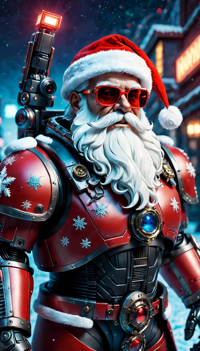 Warhammer 40K universe, cybernetic Santa Claus, robotic arms with intricate details, futuristic exoskeleton suit, glowing red sunglasses, wear Christmas hat,metallic beard and hair, neon lights illuminating the night sky, pixelated snowflakes falling, ultra-detailed, highres, HDR, physically-based rendering, sci-fi, vibrant colors, futuristic lighting,(best quality,4k,8k,highres,masterpiece:1.2),ultra-detailed,(realistic,photorealistic,photo-realistic:1.37).