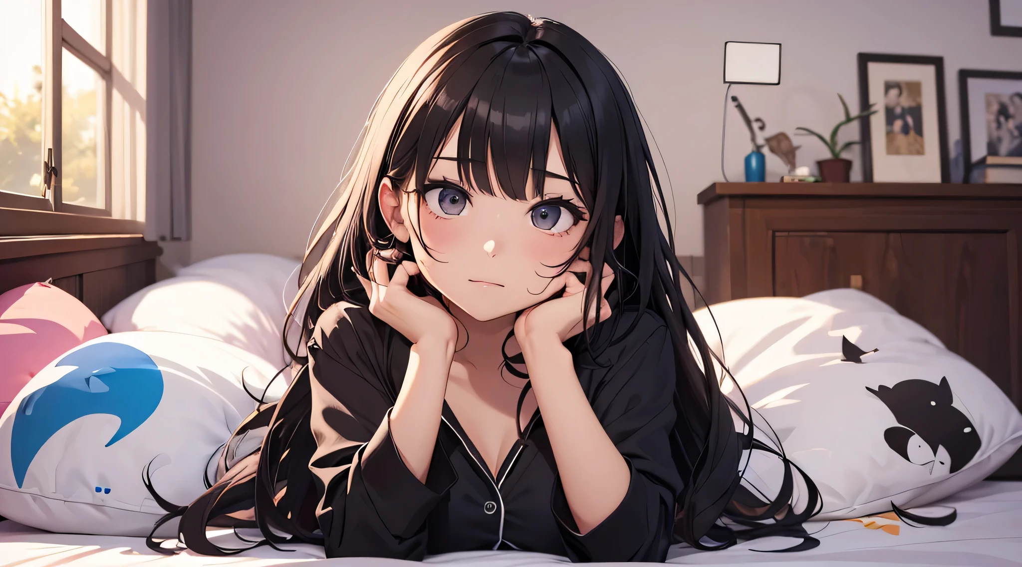 top-quality、Top image quality、​masterpiece、Teenage girl((Black pajamas、18year old、 Ager、Best Bust、big bast,Black eyes, Black hair、A slender,Large valleys、Gal style、床futon beddingの上で寝そべる、embarassed face、dye one's cheeks red、all-fours、dishevled hair、Puff out cheeks)),hiquality、Beautiful Art、Background with((Nice and clean room.、futon bedding、animal stuffed、pink walls))​masterpiece、depth of fields,Cinematic style