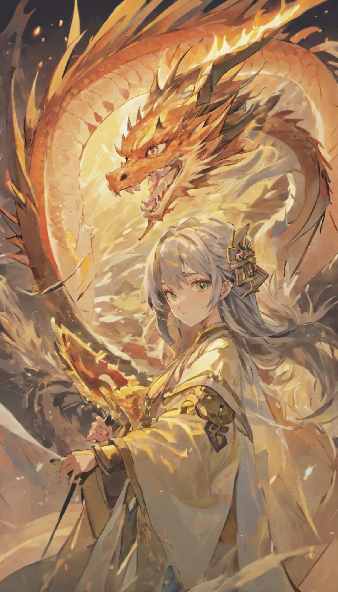 (Super refined), (Extremely Delicately Beautiful), (dynamic angle), white and black highlights, (legendary Dragon Queen:1.3)(1 girl), Hanfu, (Intricate details beautiful delicate eyes), gold eyes, green pupills, s delicate face, The upper part of the body, Messy and flowing hair, messy hair, focal point, Perfect hand phantom style), (illustratio), (tmasterpiece), (Best quality at best), Award-Awarded