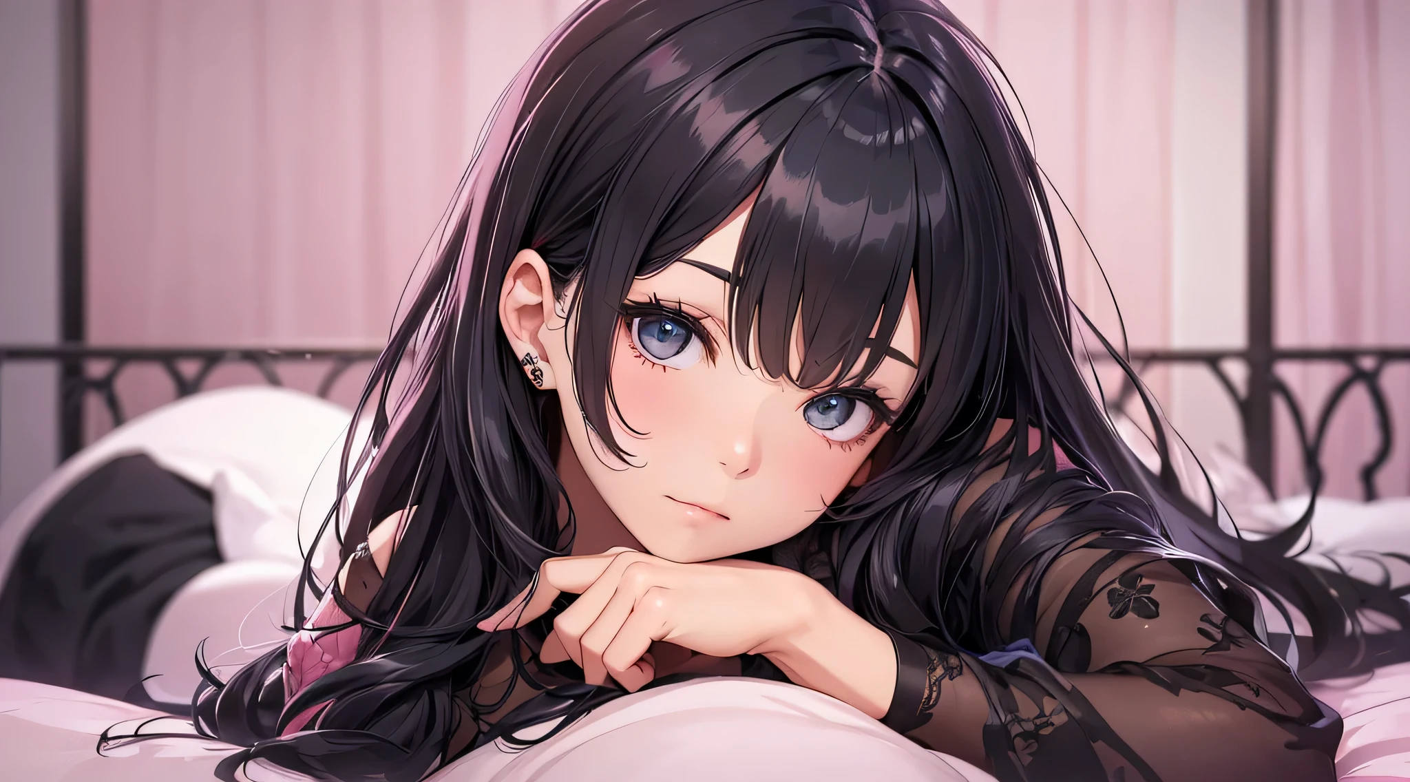 top-quality、Top image quality、​masterpiece、Teenage girl((Black pajamas、18year old、 Ager、Best Bust、big bast,Black eyes, Black hair、A slender,Large valleys、Gal style、床futon beddingの上で寝そべる、embarassed face、dye one's cheeks red、all-fours、dishevled hair、Puff out cheeks)),hiquality、Beautiful Art、Background with((Nice and clean room.、futon bedding、animal stuffed、pink walls))​masterpiece、depth of fields,Cinematic style