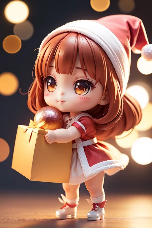 Una pegatina、Notch line on the outside of the sticker...、A sticker with a happy Santa Claus carrying gifts...、Santa Claus is a pretty girl、Chibi doll、estrellas en los ojos(Kirakira)、Ojo hacia arriba、cabello largo y negro、laugh、Linda chouconitida roja, Ultra detalle, luz radiante、bioluminiscente、tomado de un lado、Stronger bokeh effect
