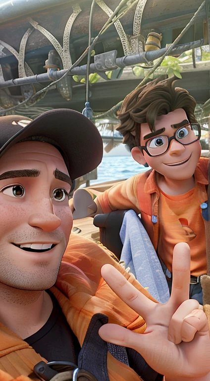 A 3D movie poster in Disney-Pixar style of: "a 39-year-old white man with two fingers up and one closed looking at the camera, next to a handsome 13-year-old boy with his right arm behind the 39-year-old man's back white man with black glasses, happily lost on a pirate boat in the middle of the sea, clear blue sky and calm sea"